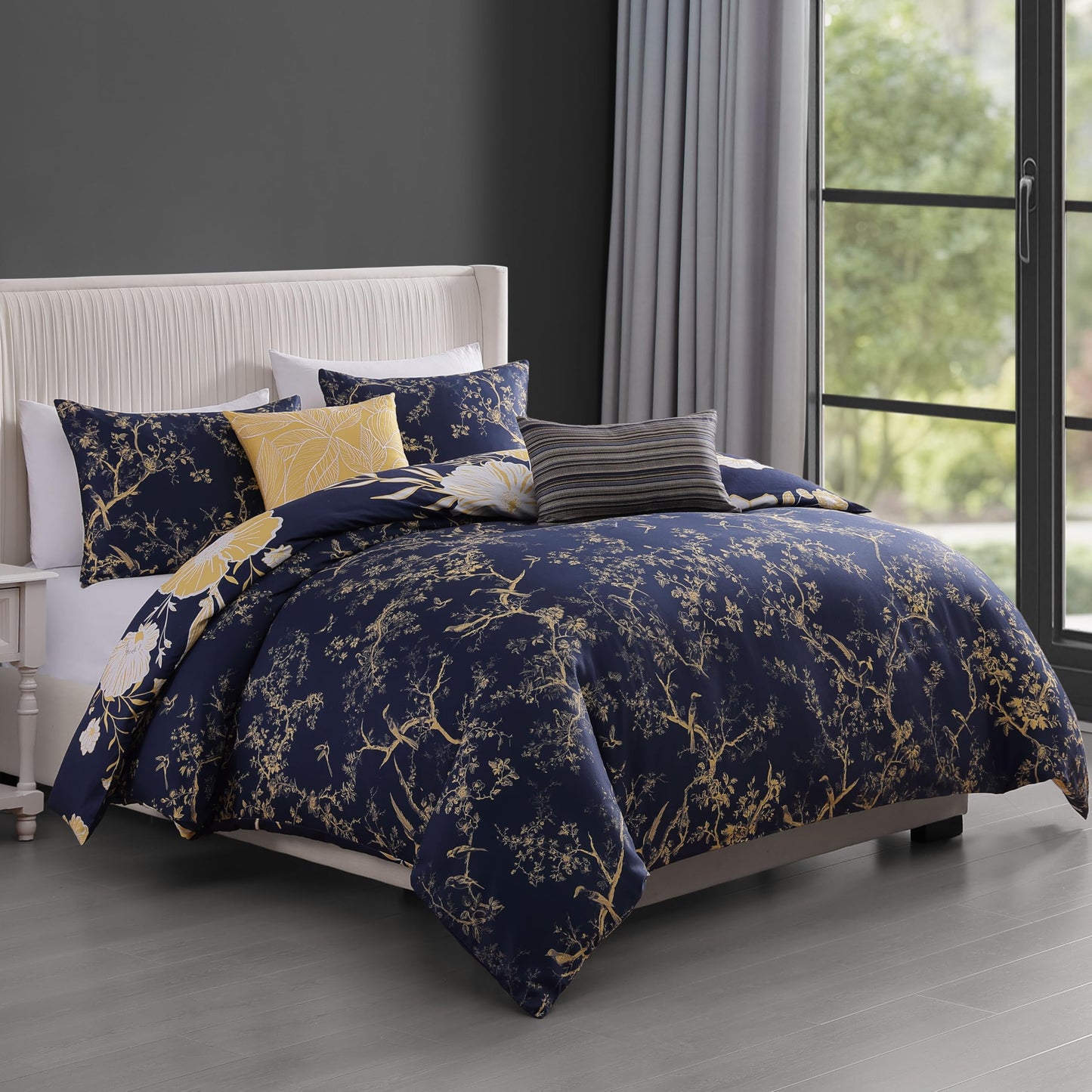 Bebejan Sunglow 5 Piece Comforter Set, 100% Cotton Sateen, 220 Thread Count, Blue Reversible Bedding Comforter Set, 1 Comforter, 2 Shams & 2 Pillows (King/Cal King)