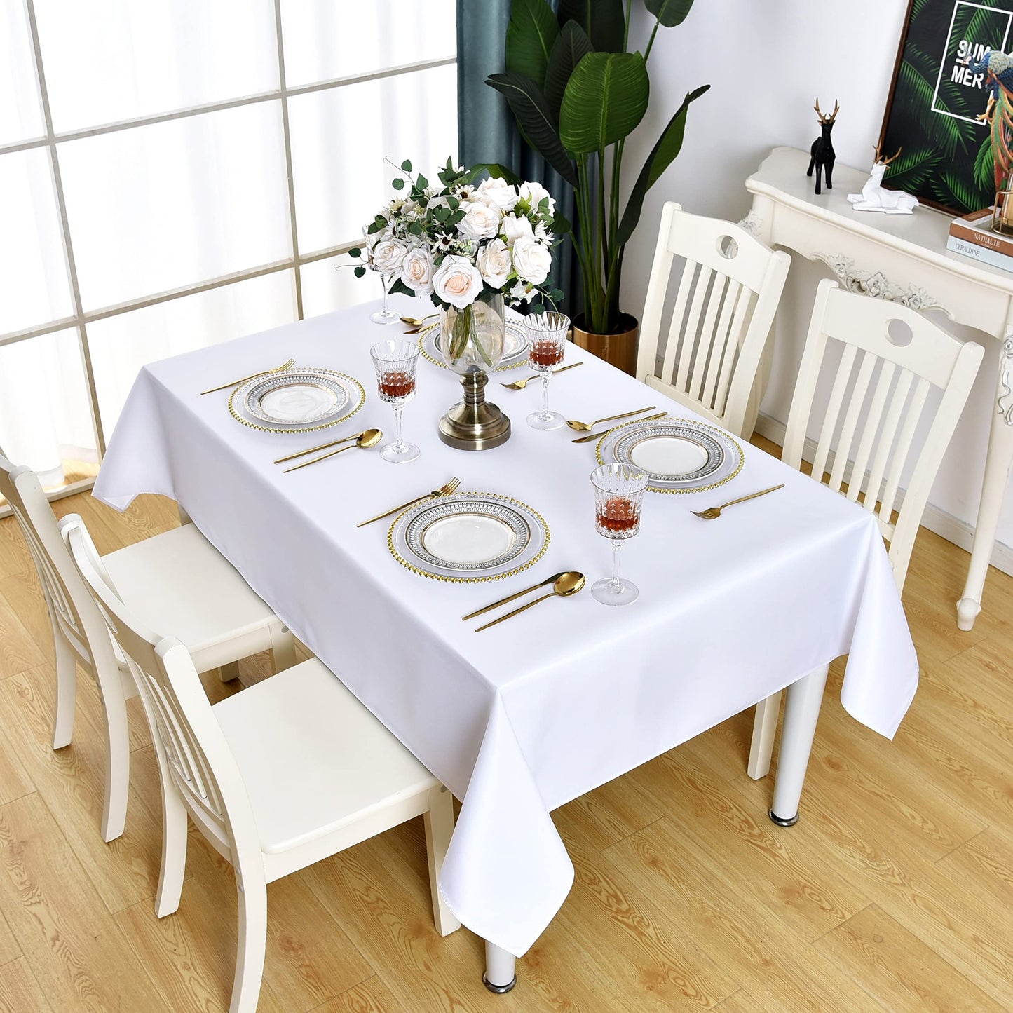 KAIPHO White Rectangle Tablecloth Waterproof Stain Resistant Wrinkle Free Table Cloth 210GSM Polyester Wipeable Table Cover for Party, Banquet, Indoor and Outdoor - Rectangular/Oblong, 60 x 84 inch