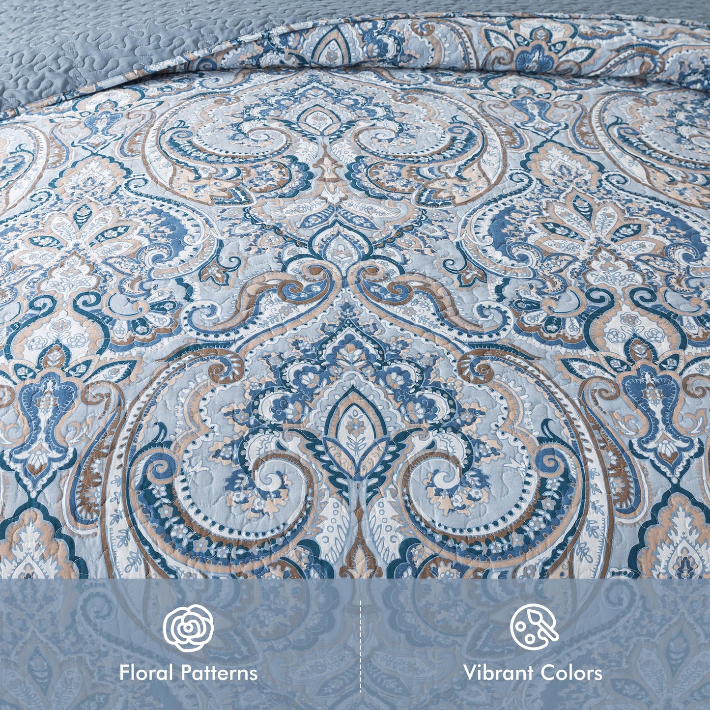 Etwel Lightweight Cotton Queen Size Quilt Set - Breathable Reversible Bedspread for Hot Sleepers, Farmhouse Floral Bedding Set with 2 Pillow Shams for All Season (90"x98", Crown Blue-Gray)