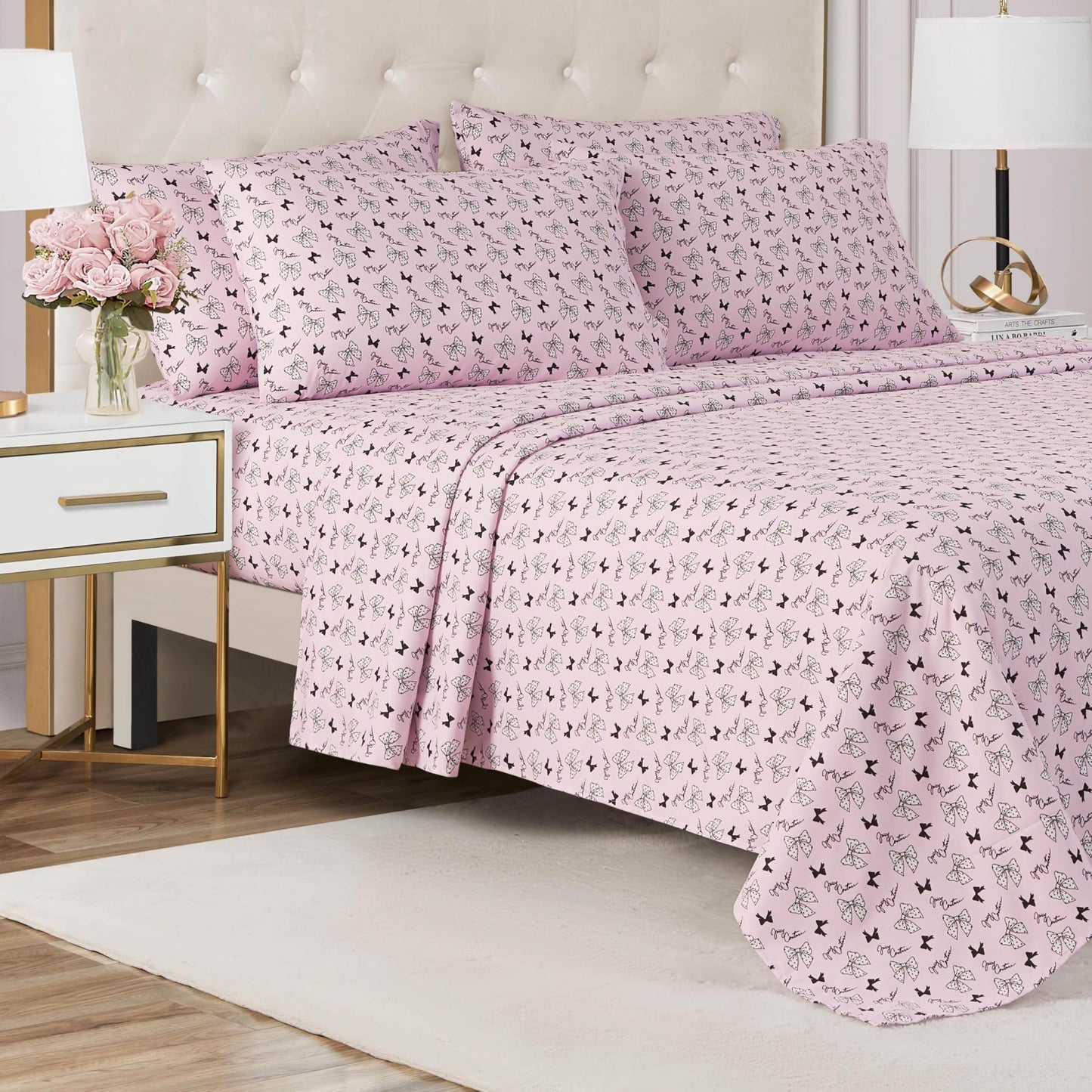 Juicy Couture Printed Microfiber 6-Piece King Sheet Set, Polka Dot Bow Toss Light Pink