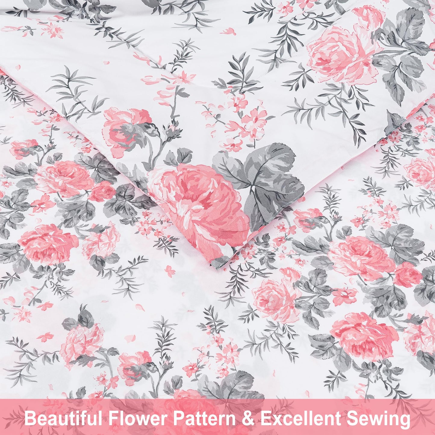 lasoftan Floral King Comforter Set with Sheets, 7 piece Luxury Vintage Bedding, Soft Microfiber Bed in a Bag, Cozy Lightweight Bed Set, Pink Flower Grey Leaf