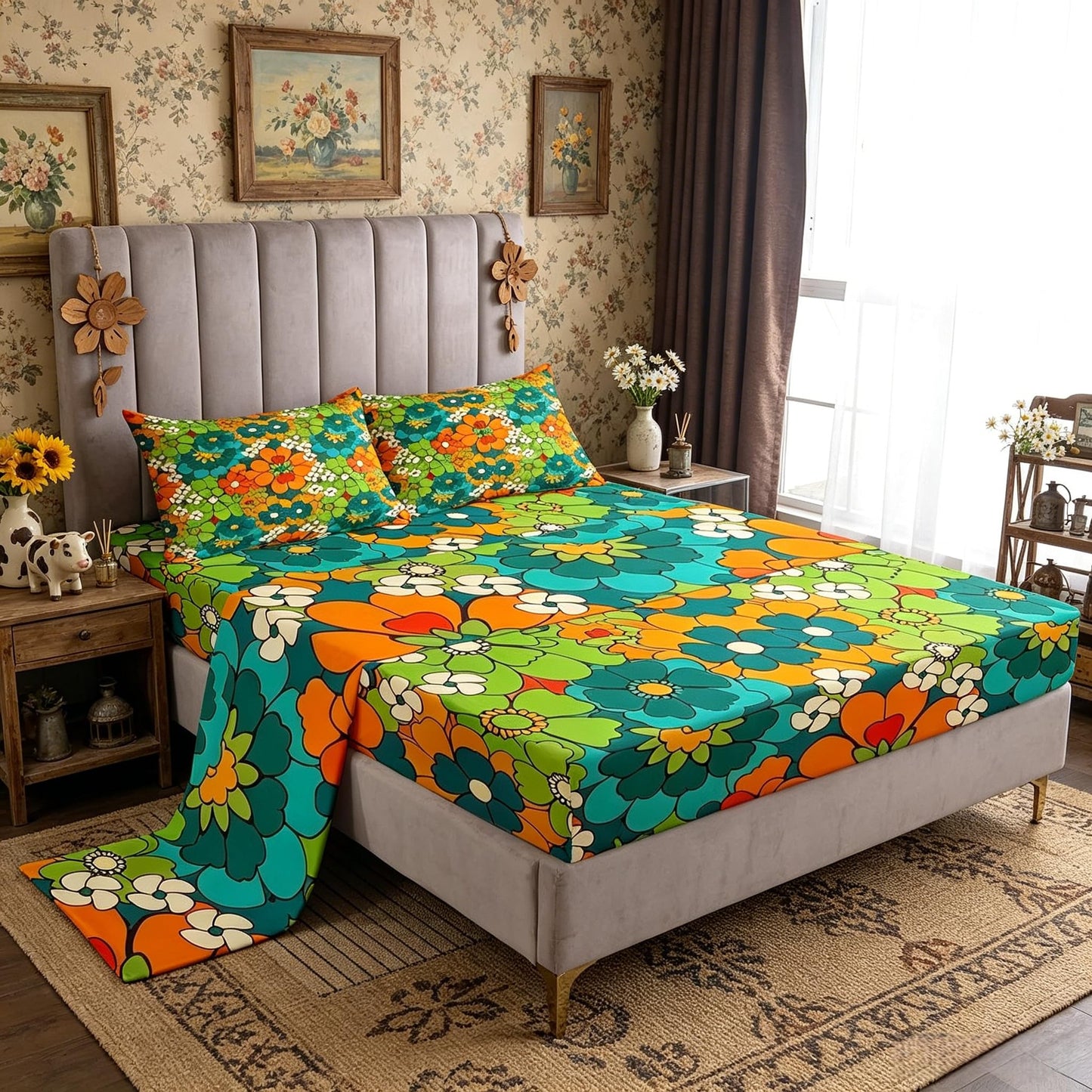 Castle Fairy Abstract Flowers Fitted Sheet Set Full Size 4Pcs,Retro Fresh Style Floral Bedding Set(1 Fitted,1 Flat,2 Pillows),Cartoon Art Deep Pocket Bed Sheets for Girls Teens Room