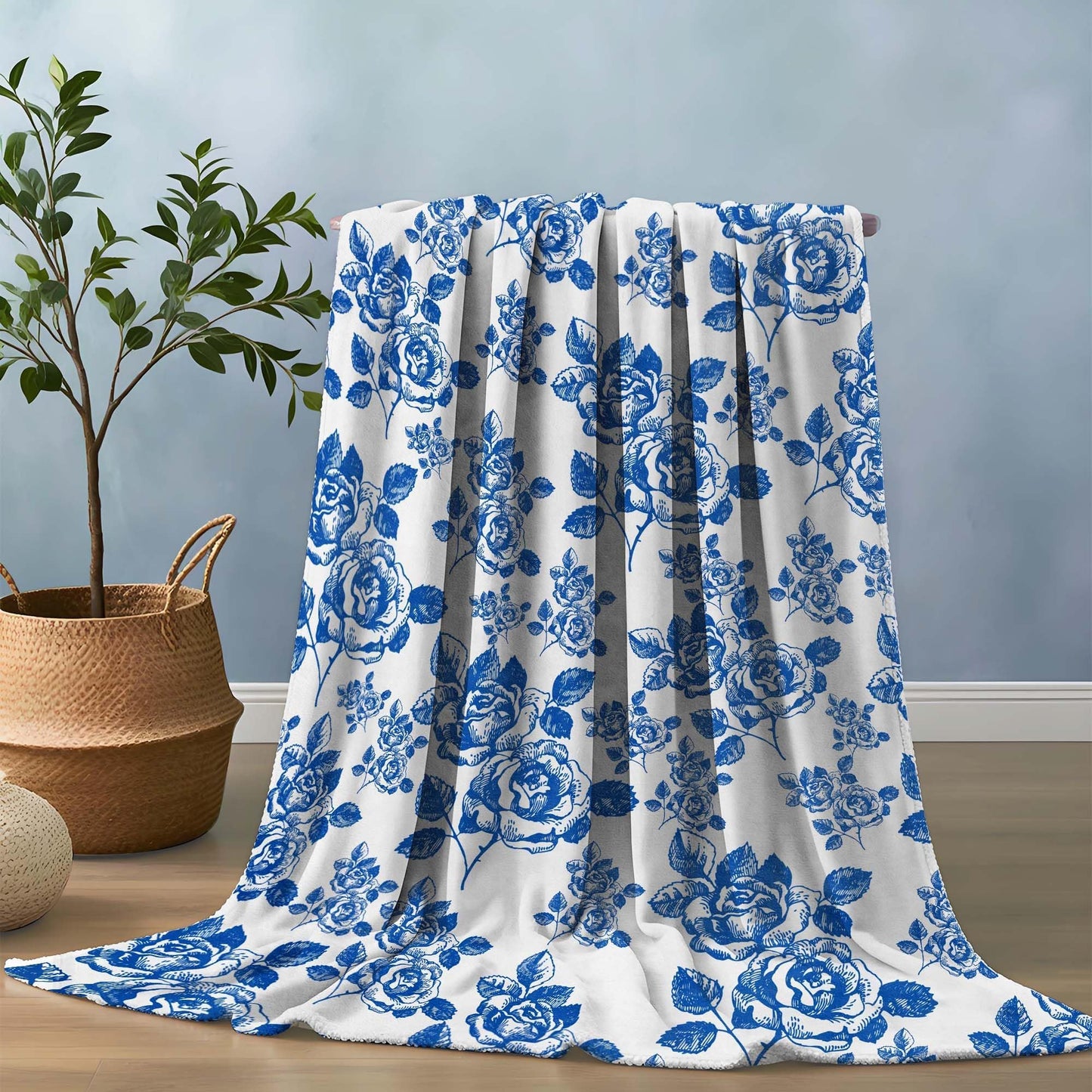 Pdvbiee Blue Floral Throw Blanket, French Country Chinoiserie, 50x60 in