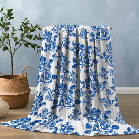 Pdvbiee Blue Floral Throw Blanket, French Country Chinoiserie, 50x60 in