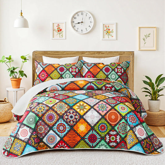 Tyrot 3 Piece Boho Colorful Quilt Set Full/Queen Size Bohemian Reversible Bedding Set Microfiber Lightweight Bedspread Coverlet with 2 Sham Patchwork Mandala Print Bed Covers for All Season, 90''x96''