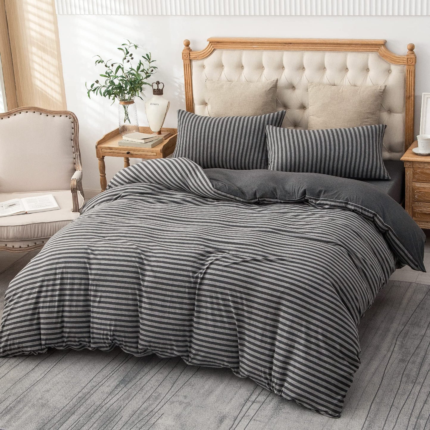 PURE ERA Jersey Knit Duvet Cover Set 100% T-Shirt Heather Cotton Super Soft Comfy Classic Striped Design, with Zipper Closure, Charcoal Dark Grey Stripe, King