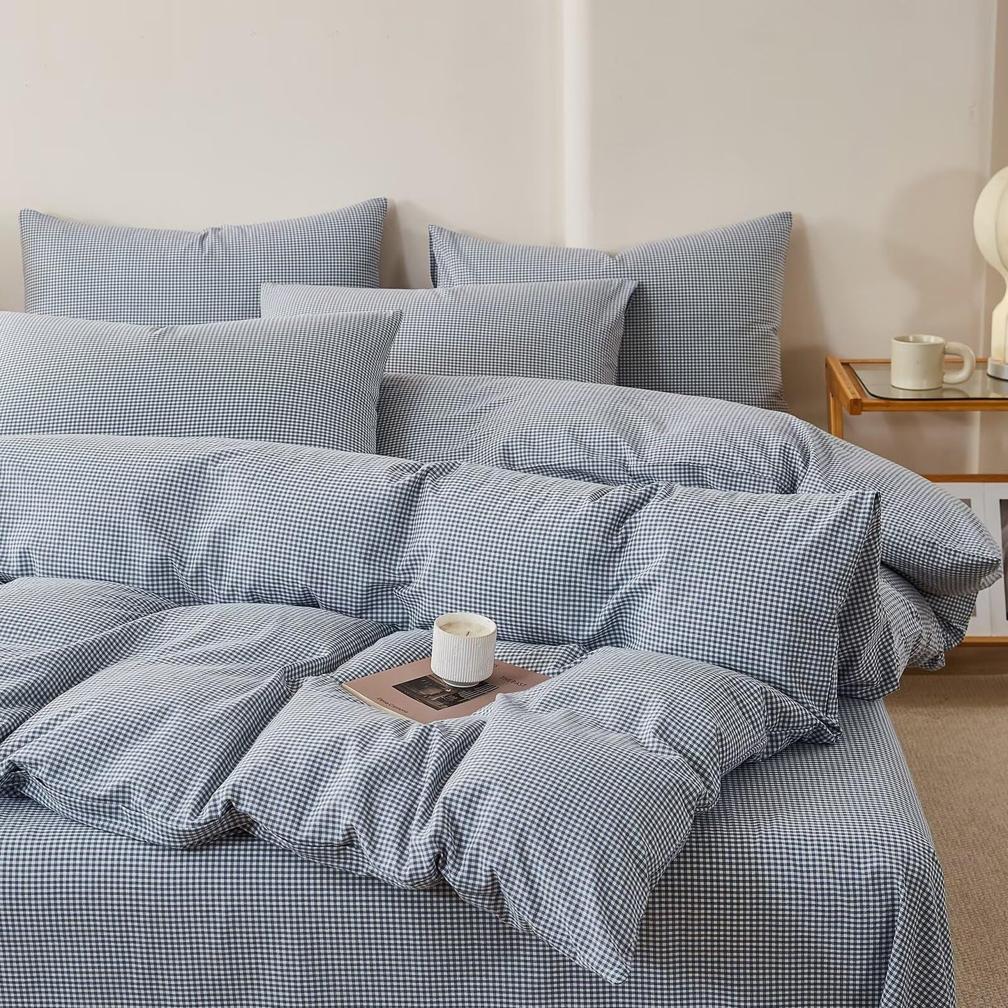 AMZTOP Soft Cotton King Size Duvet Cover Set 3 Pcs,1 Duvet Cover and 2 Pillowcases,100% Washed Cotton Blue Gingham Design Bed Set,Zipper Closure Comforter Covers King Size 104"×90"