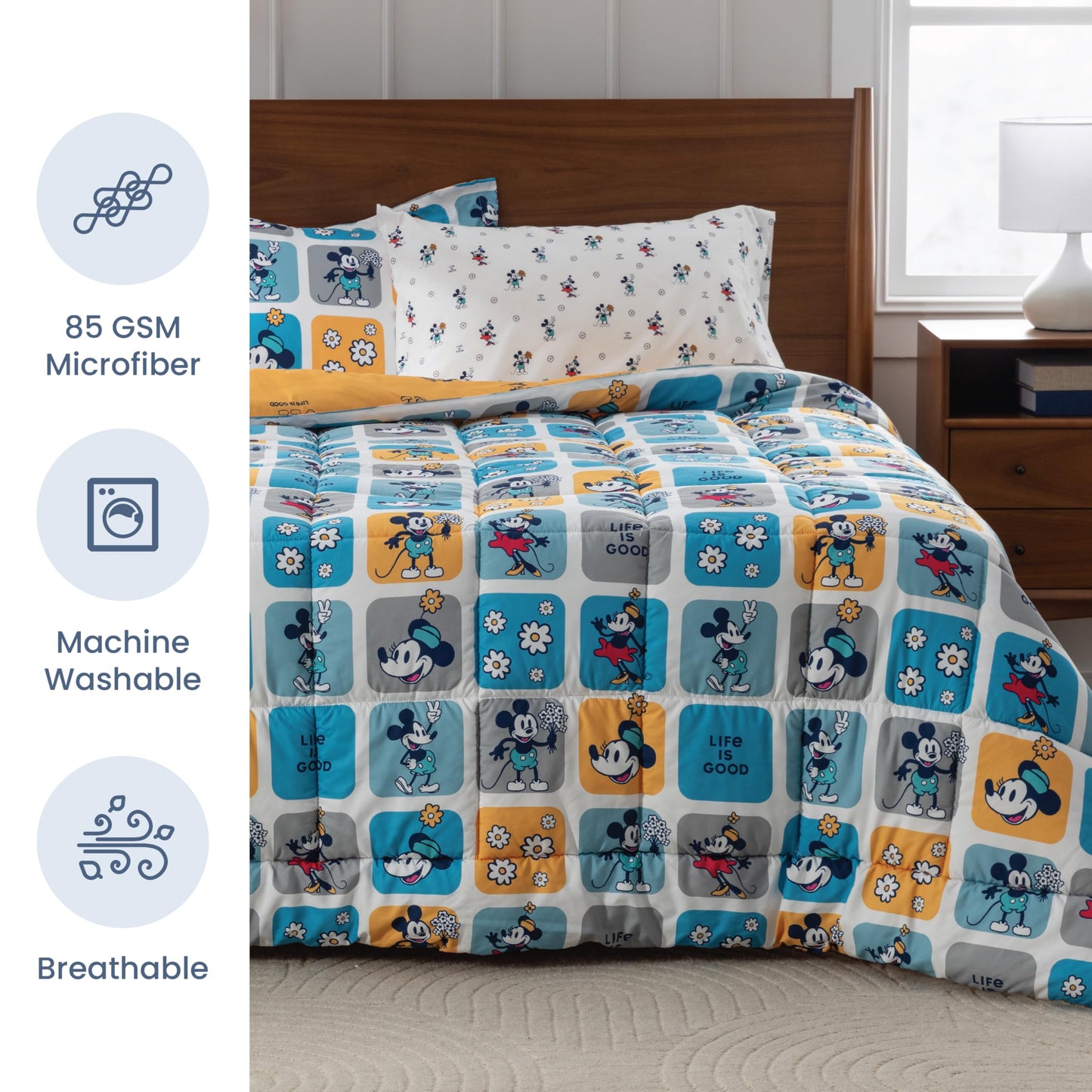 Berkshire LIG Printed Reversible Microfiber Comforter Set–5-Piece, Ultra Soft All-Season Bedding for Kids, Wrinkle & Fade Resistant, Twin, Steamboat Willie Boxes Extra Large Blue