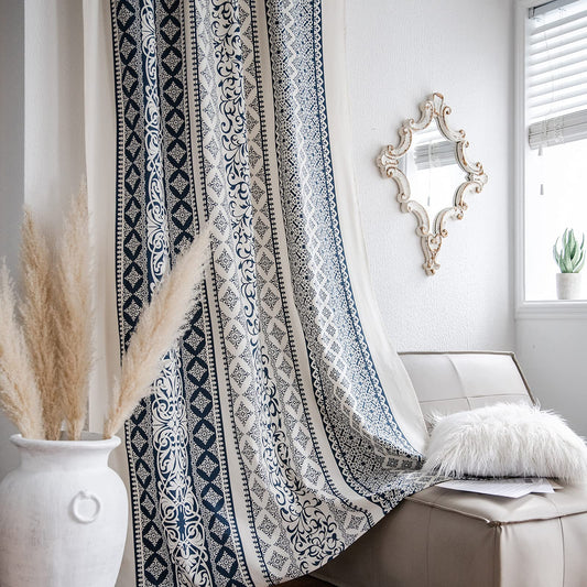 ColorBird Vintage Damask Semi-Blackout Window Curtains 2 Panels Bohemian Style Cotton Linen Darkening Curtains Rod Pocket Window Drapes for Living Room Bedroom (52" W x 84" L, Blue)