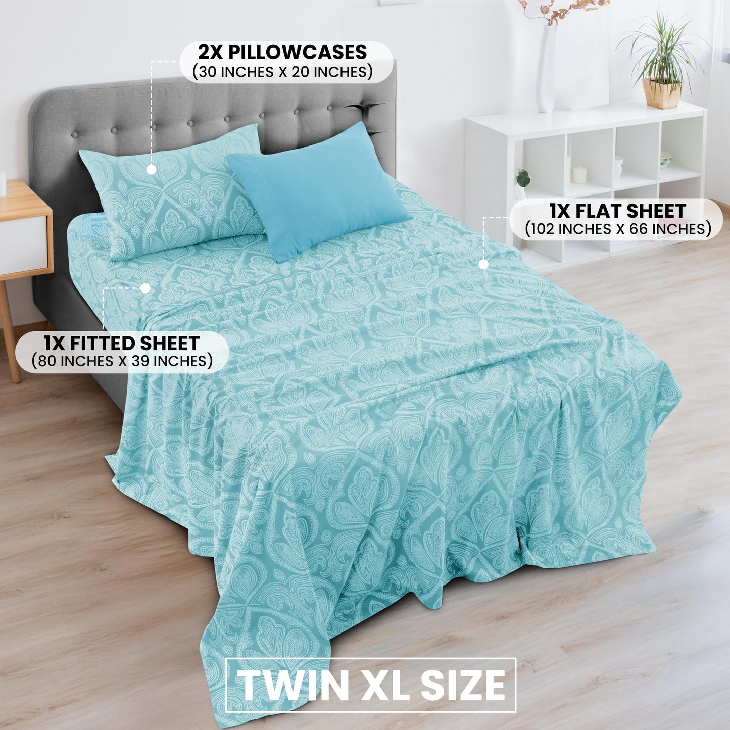 Ultra Soft Wrinkle-Free Microfiber Paisley Twin XL Sheet Set, Cute Floral Pattern Boho Print – 16" Deep Pocket Fitted Sheet, Flat Sheet & 2 Pillowcases, Breathable, OEKO-TEX - Blue