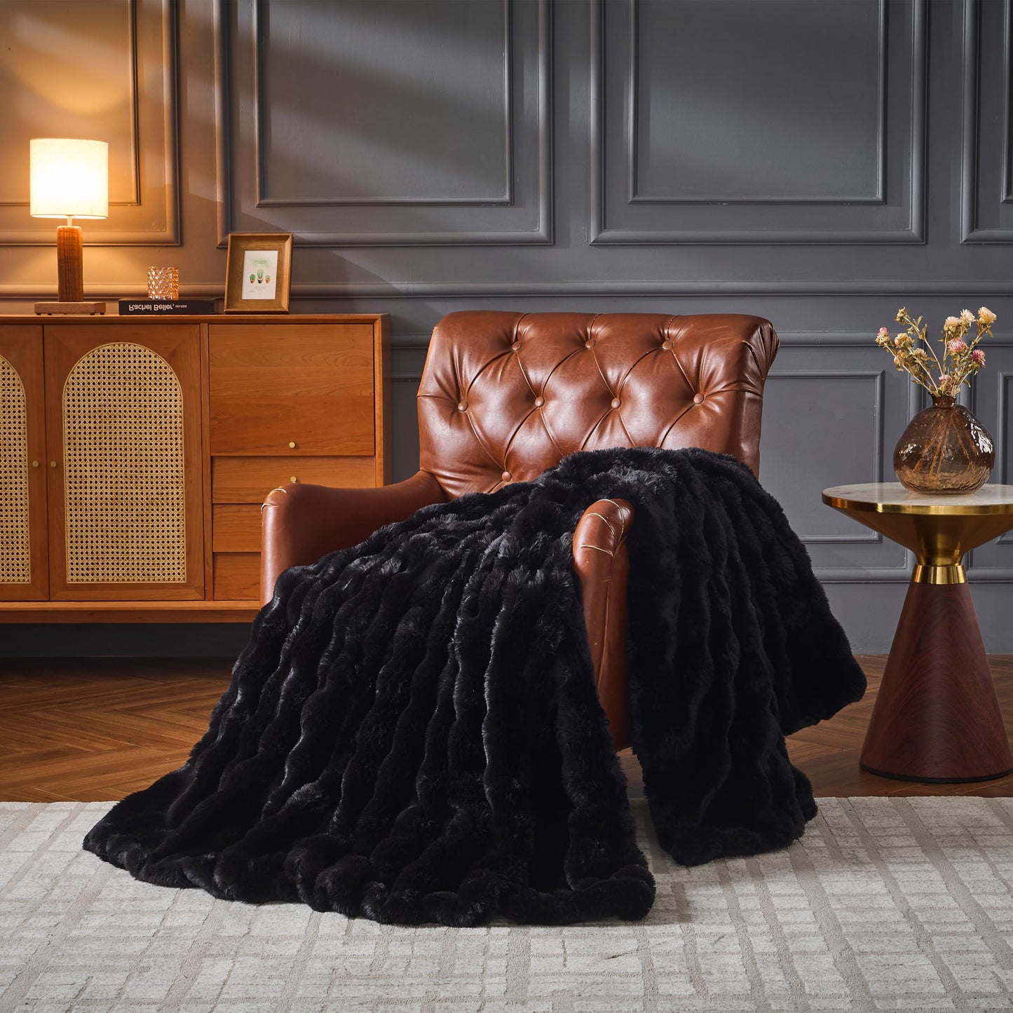 UKELER Faux Fur Throw Blankets, 750 GSM Double Sided Luxury Bubble Cozy Warm Decorative Furry Blanket, Soft Plush Fluffy Fuzzy Blanket for Couch Sofa Bed Office Camping, Black 50"x60"