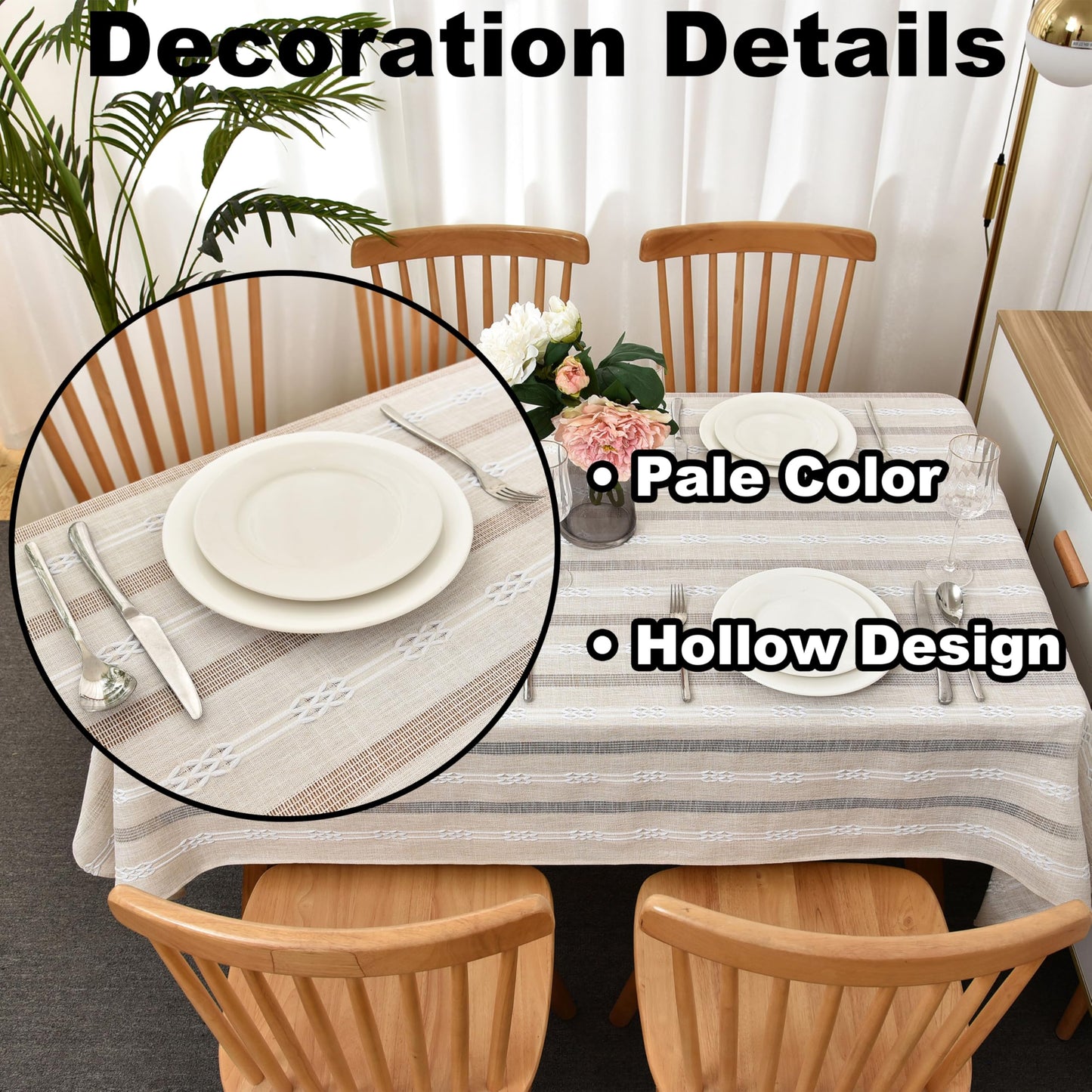 Limalred Rustic Striped Embroidery Rectangle Tablecloth, Openwork Heavy Weight Linen Wrinkle Resistant Table Cloth Coffee Table Cover for Kitchen Party Banquet Decor 36x55 Inch Beige