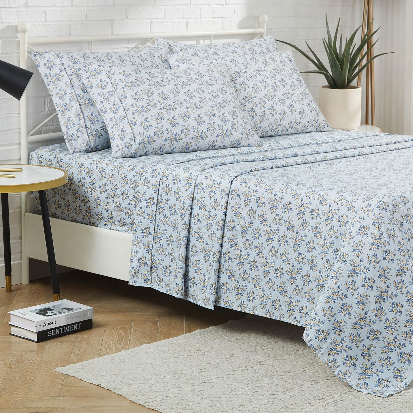 Lucky Brand Printed Microfiber 6-Piece Queen Sheet Set, Serene Floral Blue