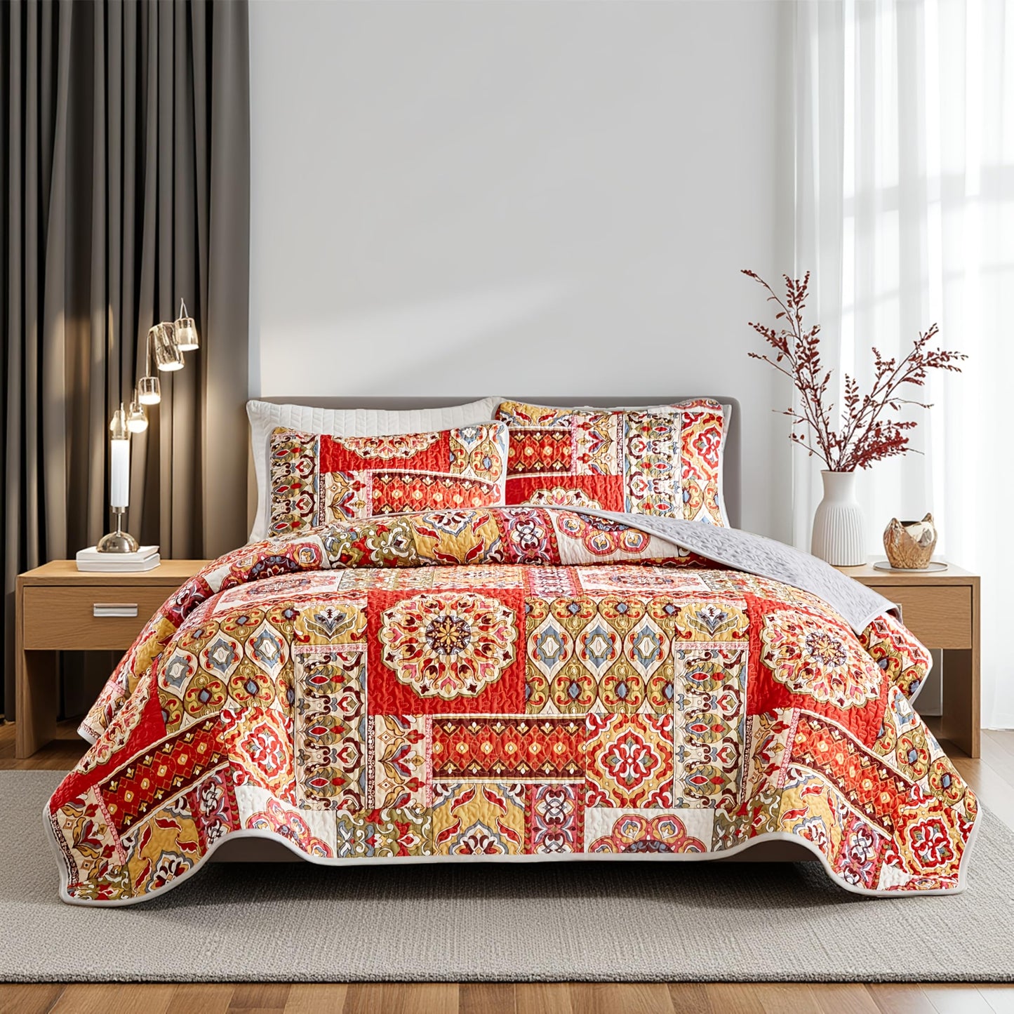 Floral Boho Quilts Queen Size Bedding Set Orange 3 Pieces Farmhouse Botanical Summer Bedspreads with 2 Shams Soft Reversible Lightweight Breathable Coverlet Set for All Season (Orange Boho, King)