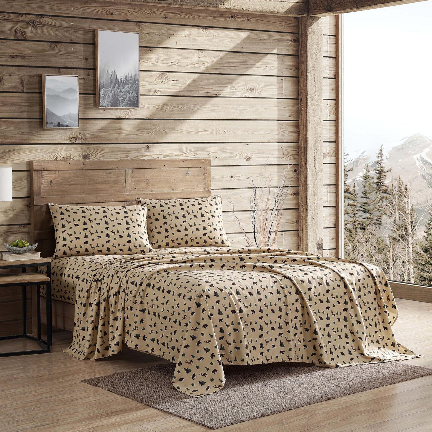 Beatrice Home Fashions Cozy Cabin 4-Piece Full Microfiber Bedding Sheet Set with Deep Pockets Rustic Patchwork Plaid Deer, Brown Tan Green