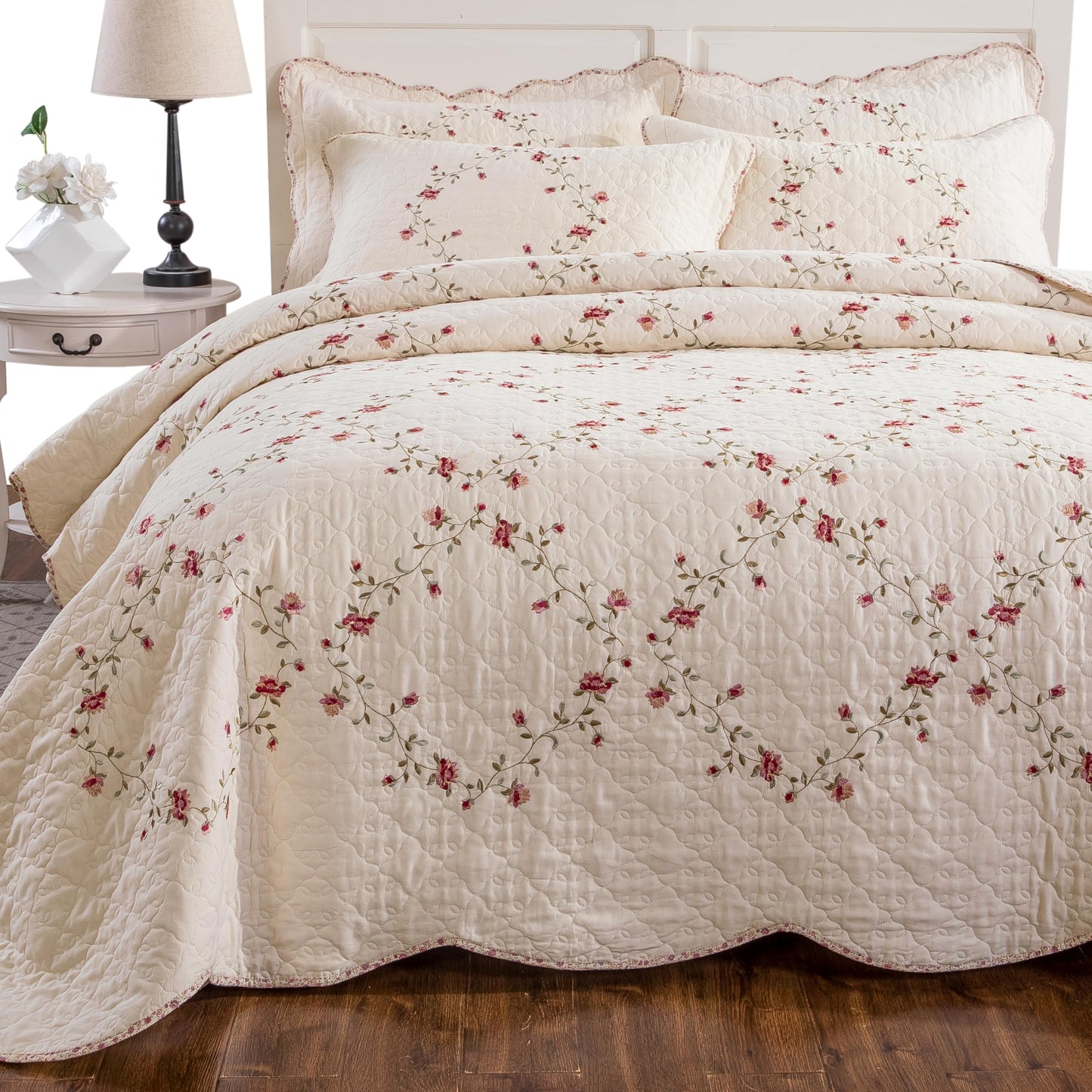 Quilt Set Floral Leaves 3D Embroidery Pattern 3 PCS Cotton Reversible Quilted Embroidered Decorative Bedspreads Coverlet Set, Lightweight &Soft Queen Size Beige Bedding Coverlet for All Season