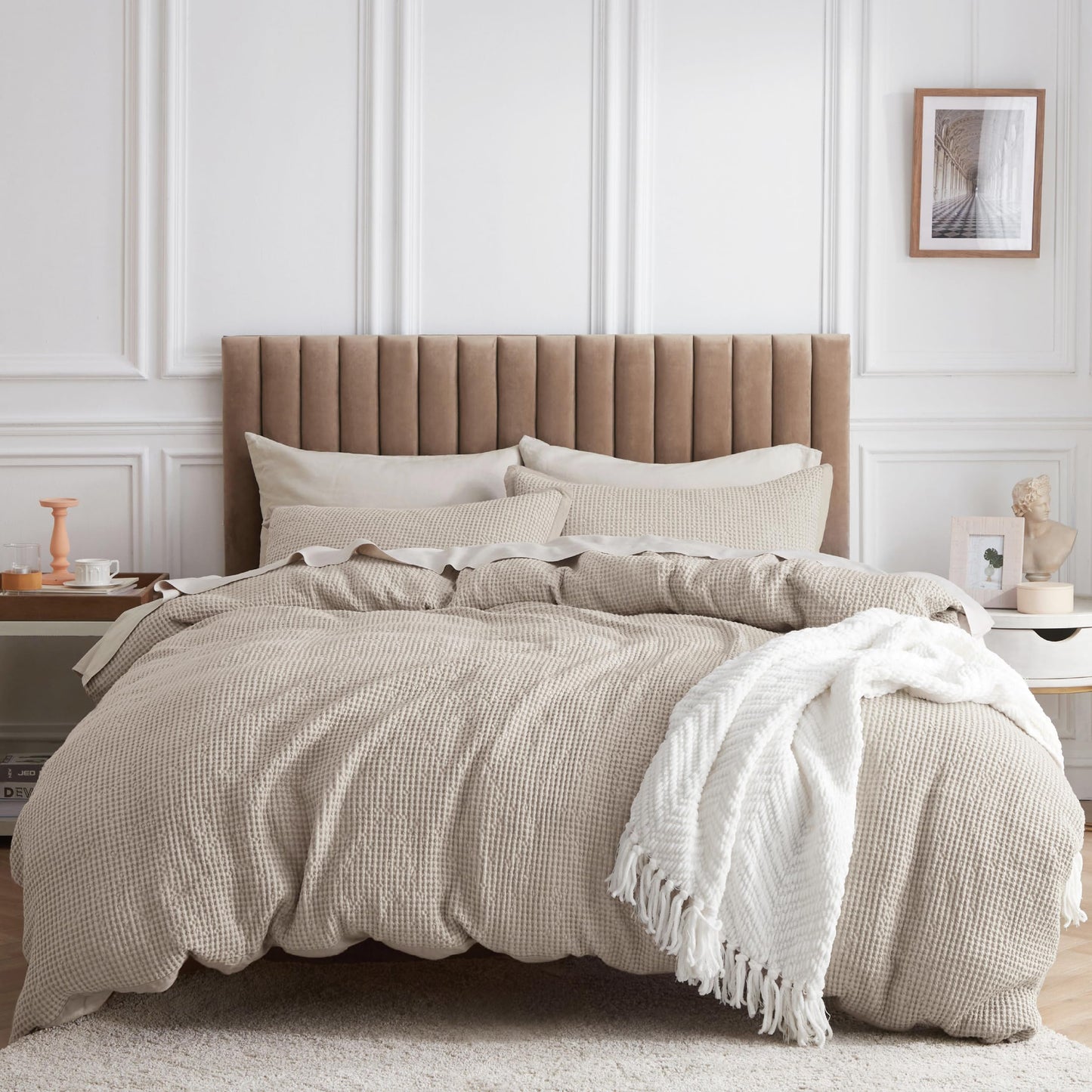 Bedsure 100% Cotton Duvet Cover Queen Size with Fitted Sheet - 4 Pieces Linen Waffle Weave Duvet Covers, PureWowen Breathable Bedding Set, 1 Duvet Cover 90x90, 1 Fitted Sheet, 2 Pillow Shams