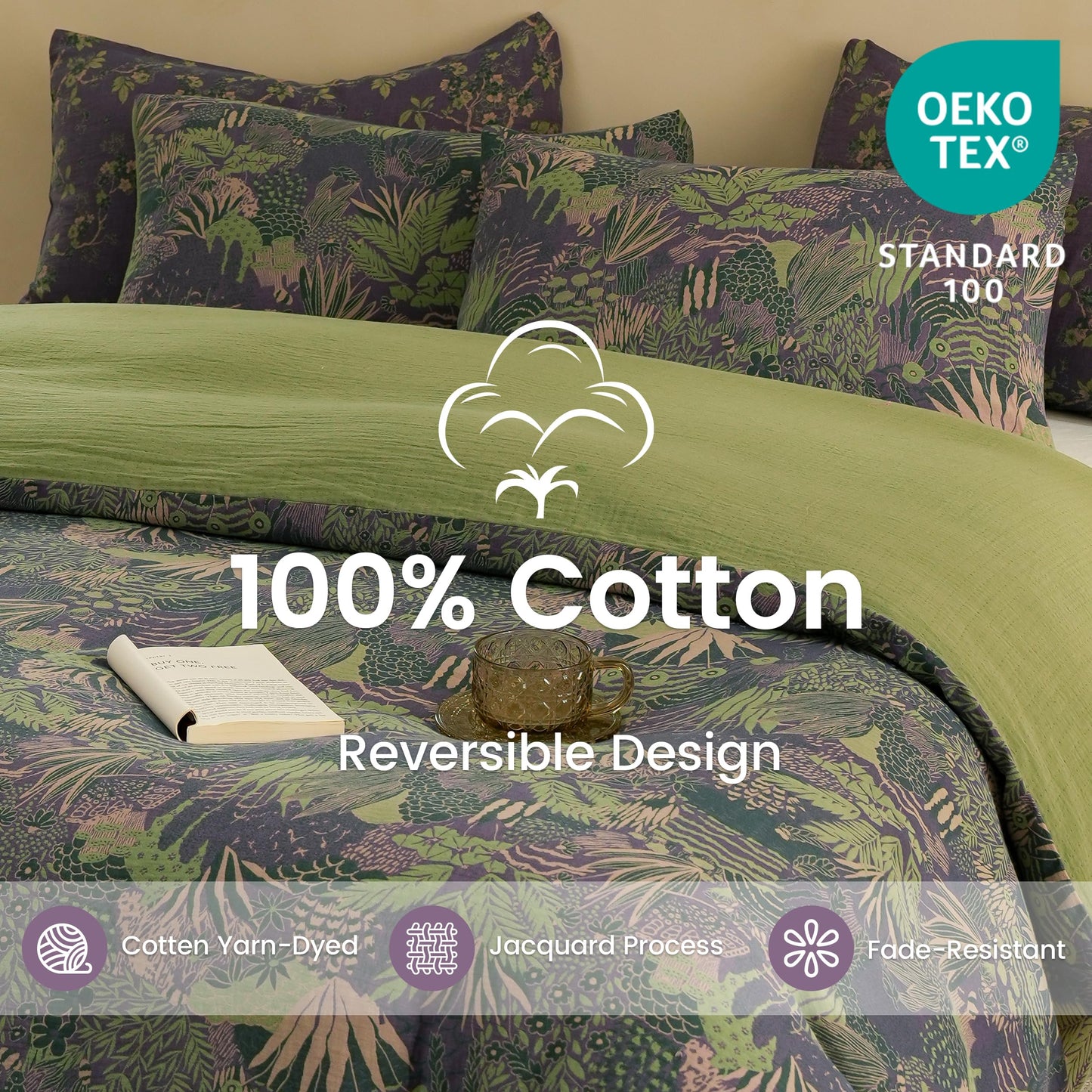 BISELINA 100% Cotton Muslin Duvet Cover Set Queen, 3 Pcs Yarn-Dyed Jacquard Textured Reversible Botanical Floral, Soft and Breathable Bedding Set with Zipper Closure, Purple Green