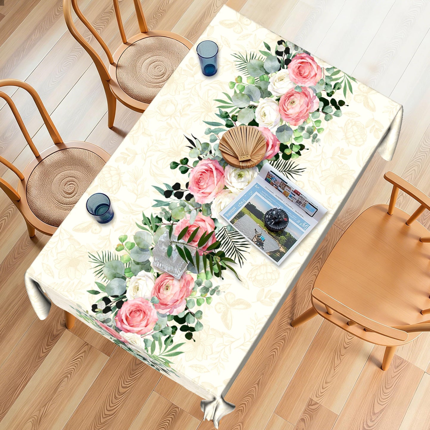 Kwlegh Spring Summer Tablecloth 60x84 Inch Rectangular Pink White Rose Flower Table Cover Green Eucalyptus Leaves Reusable Washable Tablecloths for Dining Decor Party Picnic Indoor Outdoor