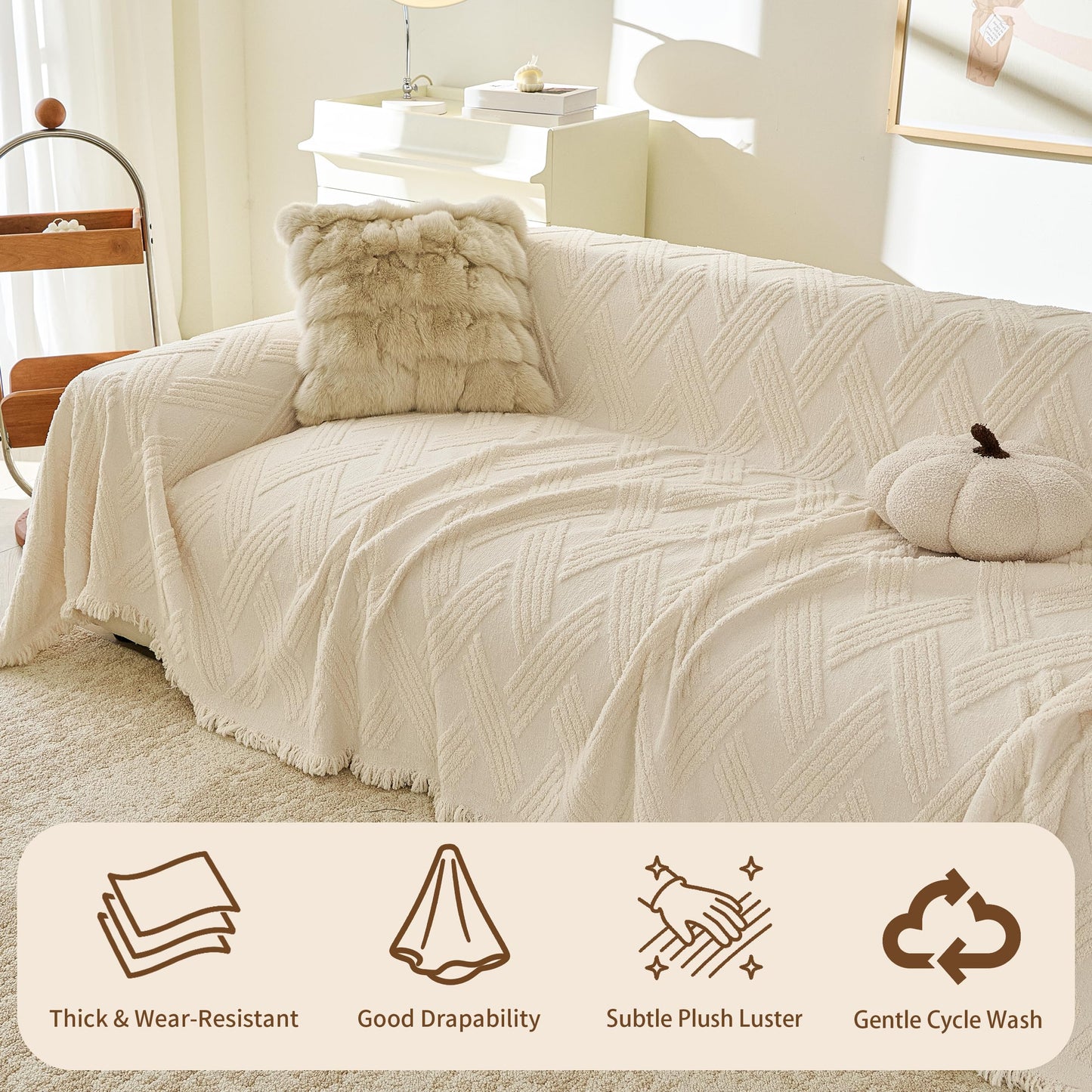 KaviKon Couch Covers for Dogs, Sofa Covers for 3 Cushion Couch, Plush Couch Blanket Cover Sectional Washable, Sofa Slipcover Protector, Slip Covers for Sofas High Weight Warm, Chevron Cream, 71" ×118"