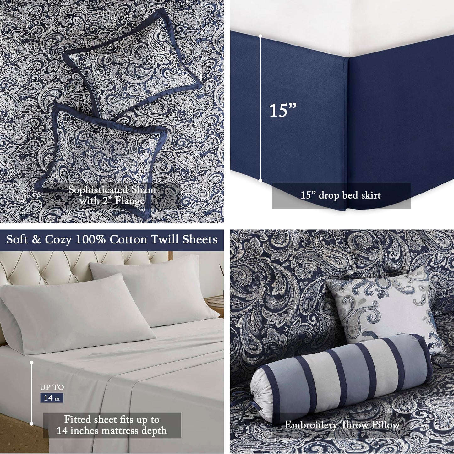 Madison Park Aubrey Cozy Comforter Set, Faux Silk Jacquard Paisley Design - All Season Down Alternative Bedding with Cotton Bed Sheets, Bed Skirt & Toss Pillows, Queen Navy 12 Piece