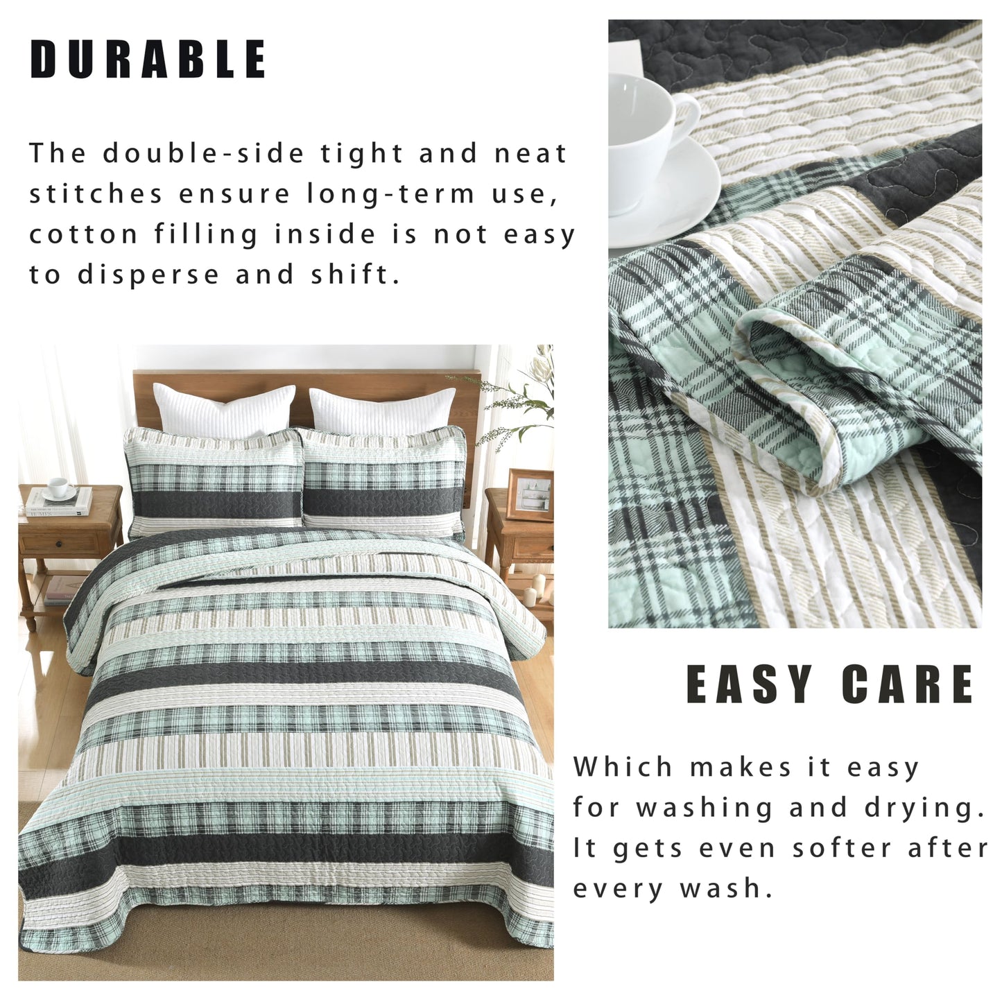 Homzard 100% Cotton Quilts Queen Size，Teal Black Beige Queen Quilt Bedding Set,Farmhouse Plaid Striped Bedspread Set,Lightweight Breathable Comforter Reversible Coverlet All Season 3 Pieces