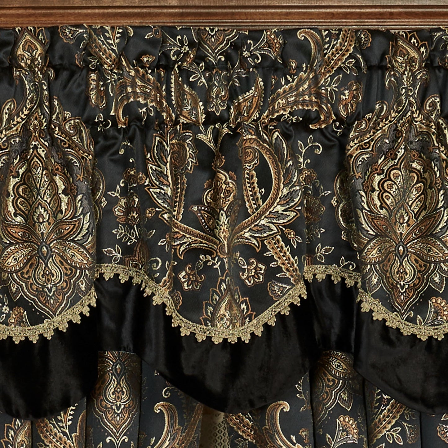 Bellevue Traditional Luxury Window Treatments | Elegant Tapestry-Style Woven Medallions and Florals | Neutral, Black, & Metallic Gold | Lined Drapery Set Includes Scalloped Valance & 95L Curtain Pair
