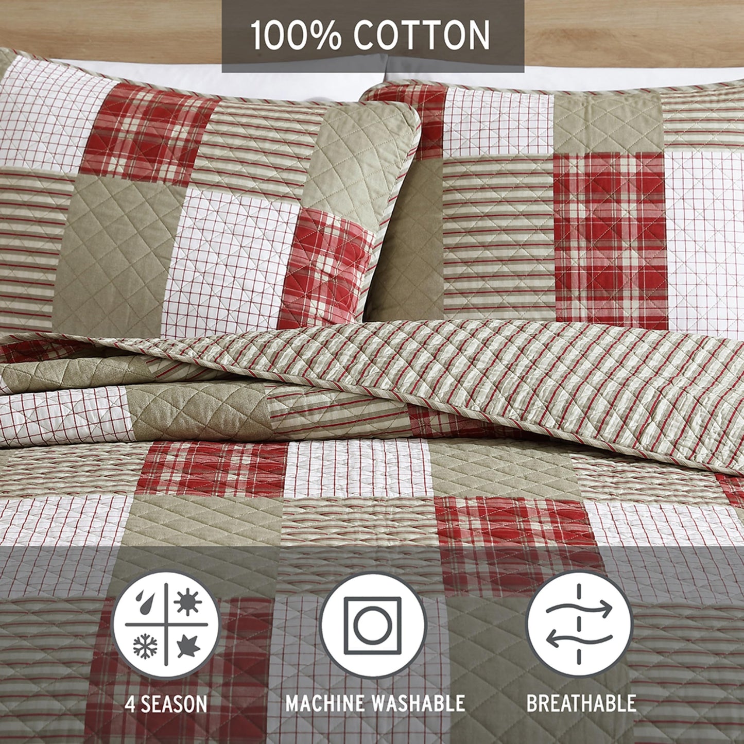 Eddie Bauer - Quilt Set, Reversible Cotton Bedding with Matching Shams, Luxurious Bedding Set (Camino Island Red, Queen)