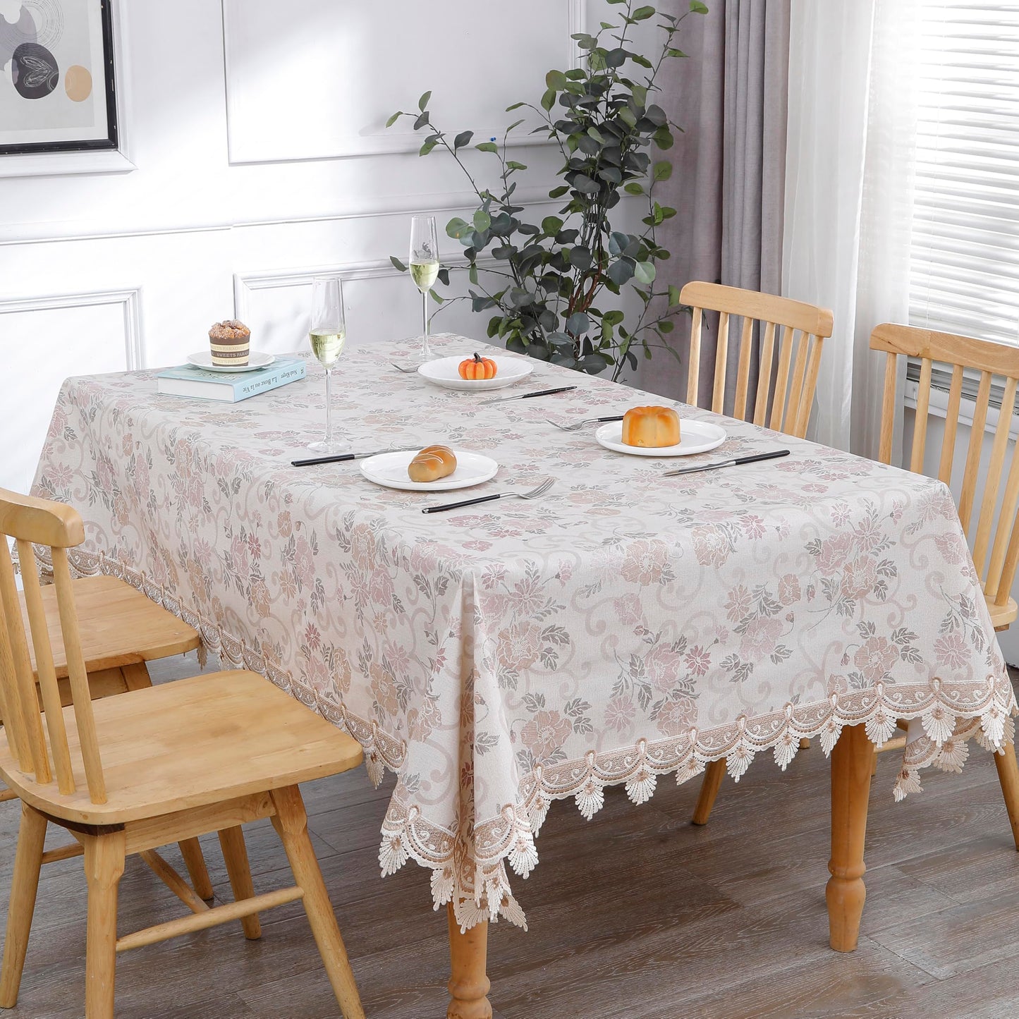Walrus Heavy Duty Vinyl Tablecloth Elegant Floral Lace-Trimmed Tablecloth Vintage Flower Pattern, Waterproof Oil-Proof Plastic Table Cloth Stain-Resistant Wipeable(Floral Vintage, 60X60 Inch)