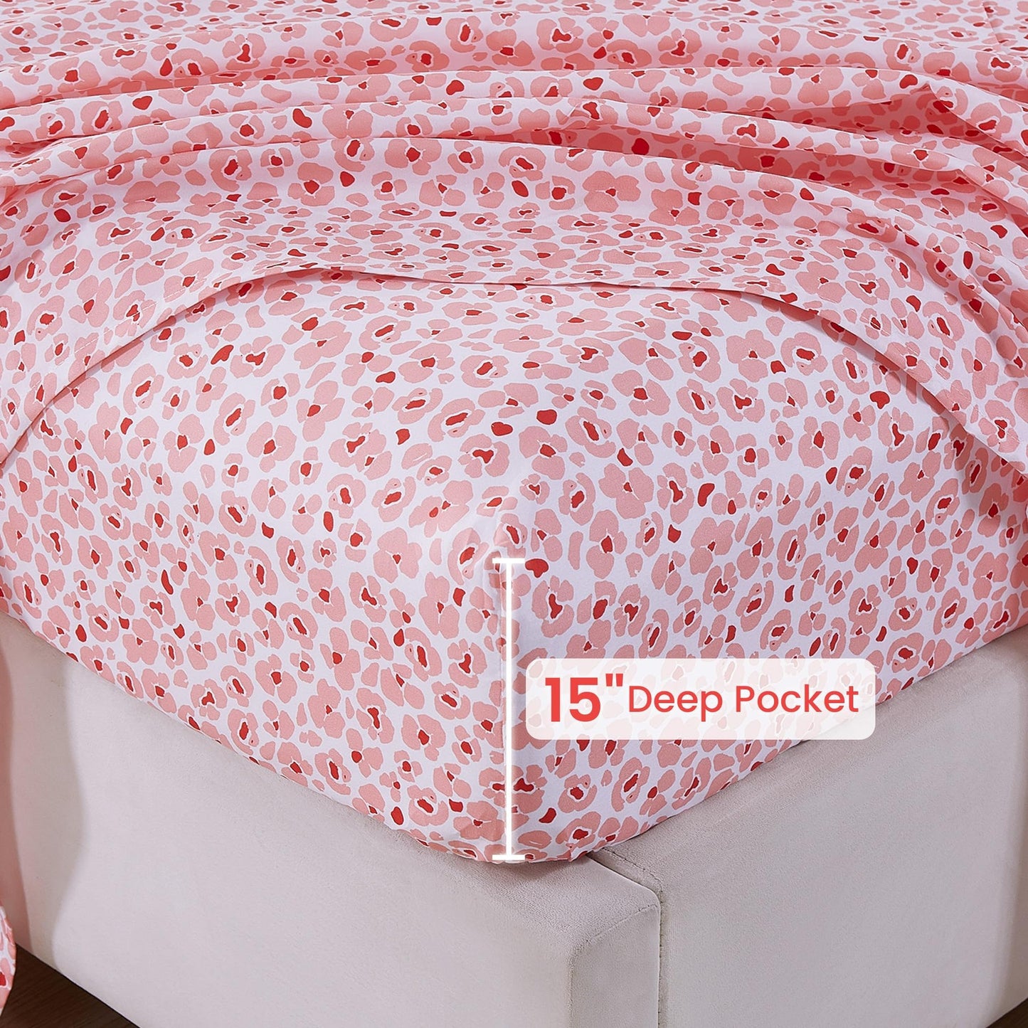 Softan Pink Floral Full Sheet Set, Cozy Microfiber Leopard Printed Fitted Bed Sheet with 15" Deep Pockets & Non-Slip Straps, Cute Girls Patterned Double Sheets & Pillowcase Set