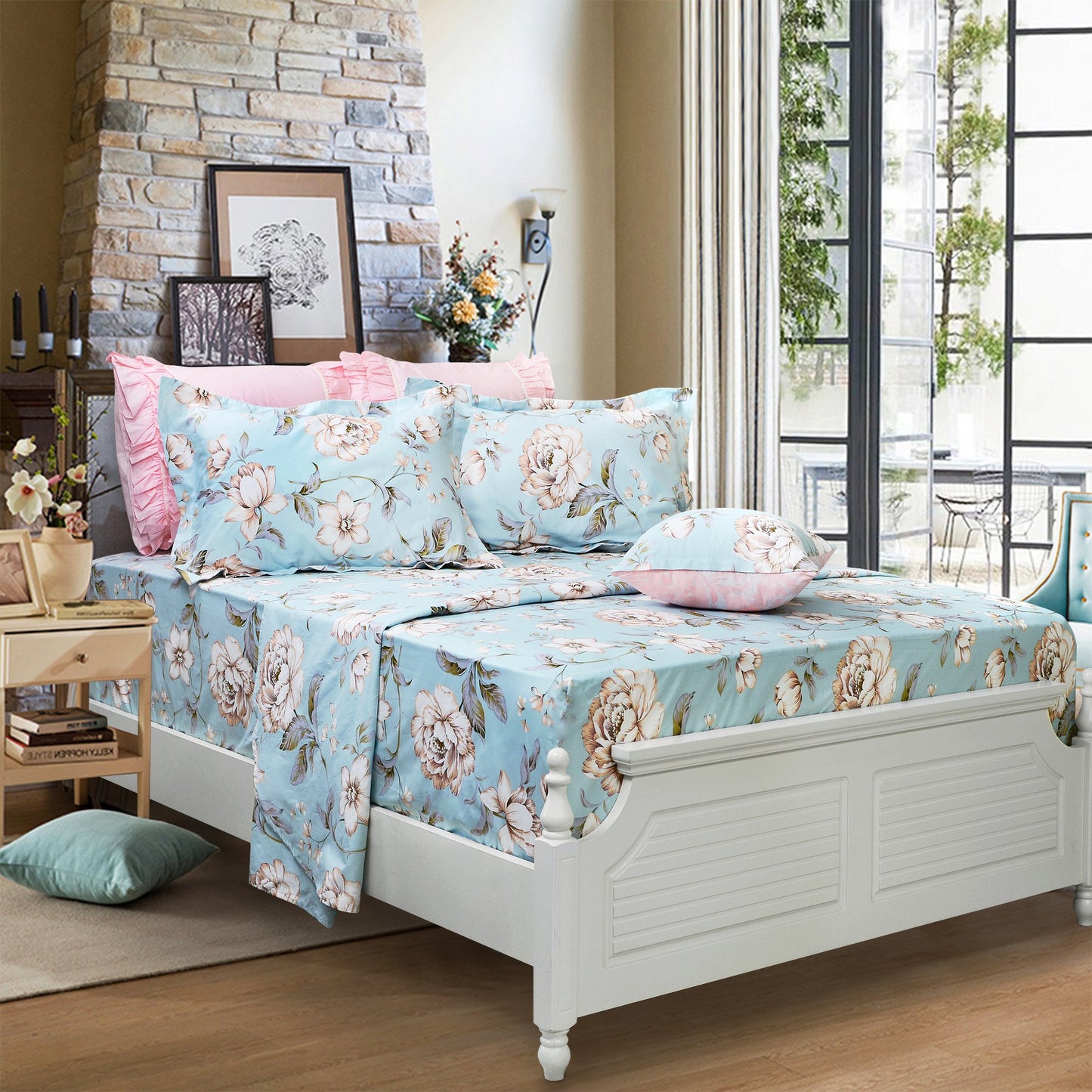 FADFAY Shabby Floral Bed Sheet Set Farmhouse Bedding Blue Cotton Winter Bedding Deep Pocket Sheets 4-Piece King Size