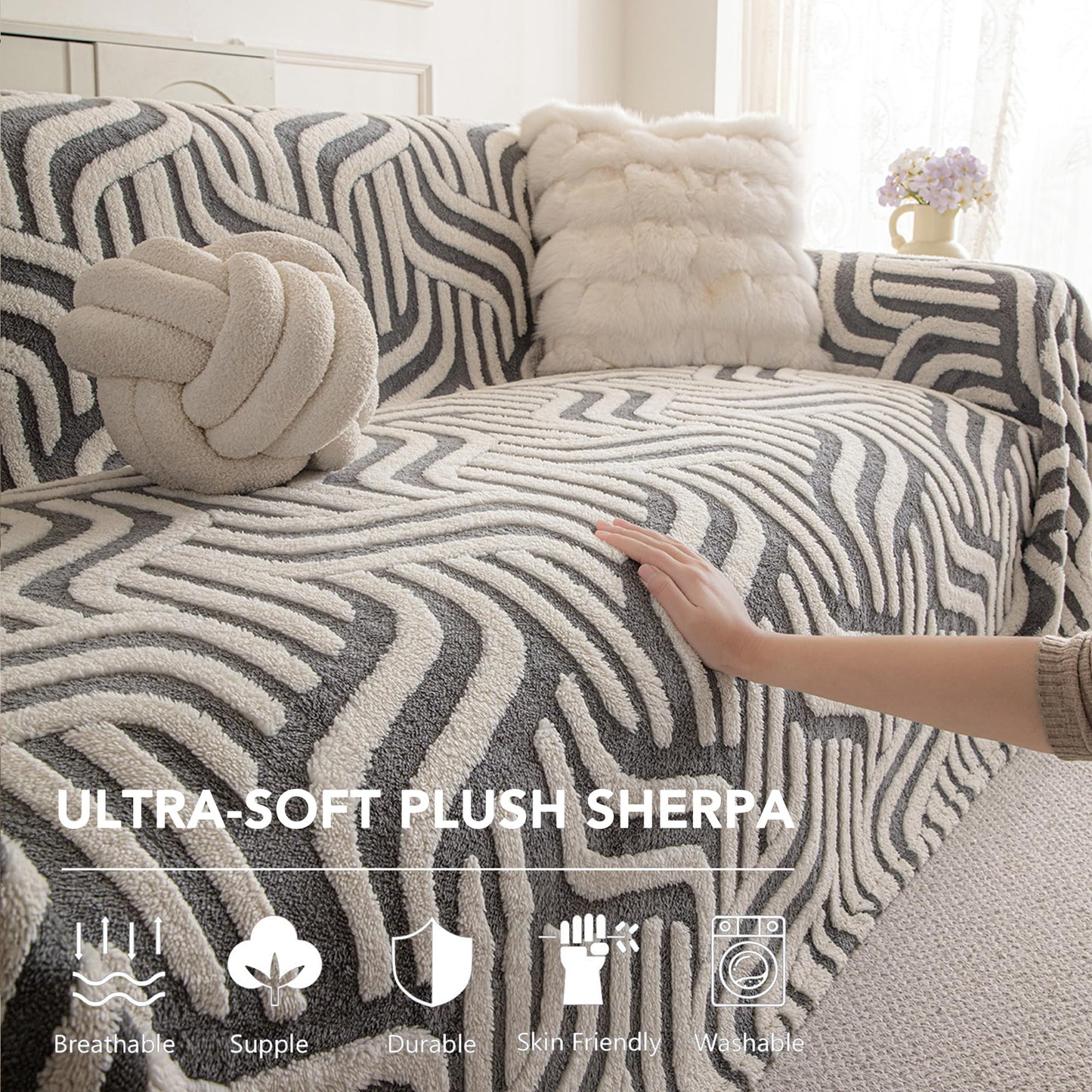 KaviKon Non Slip Couch Covers for 3 Cushion, Scratch Resistant Pet Friendly Sofa Couch Covers for Dogs, Sherpa Velvet Protectors Slipcovers, Washable Furniture Covers, 71" x 118", Geometric Wave Grey