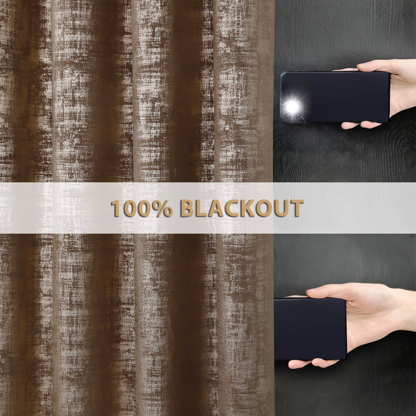always4u 100% Blackout Soft Velvet Curtains for Bedroom Living Room Thermal Energy Saving 95 Inches Long Luxury Gold Foil Print Drapes 2 Panels Mocha