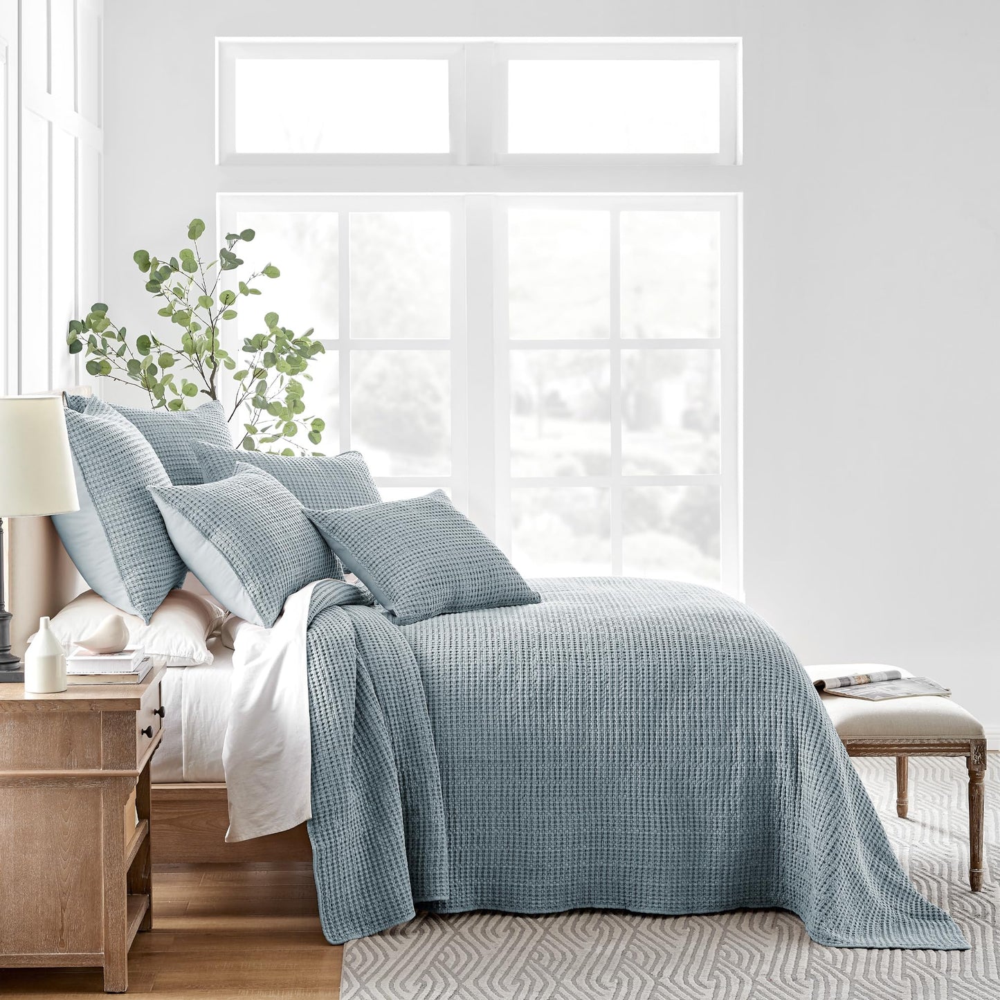 Levtex Home Mills Waffle King Bedspread Set (122x106in) with 2 Pillow Shams (36x20in) - Chambray - Cotton Waffle King Size Bedspread Set - Soft, Pre-Washed