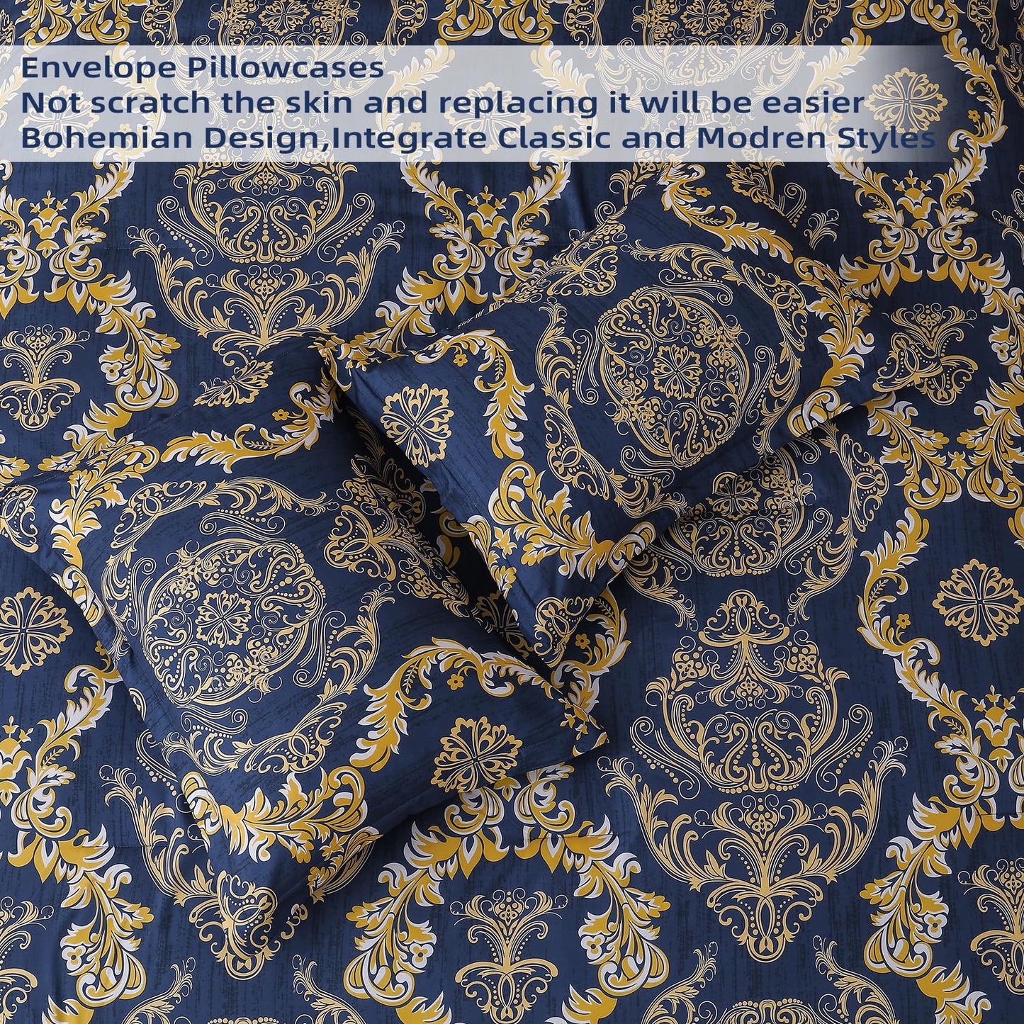 WONGS BEDDING Blue Gold Comforter Set Queen Size,Damask Texture 7 Pieces Bed in a Bag Microfiber Comforter Bedding Sets -1 Comforter, 1 Flat Sheet, 1 Fitted Sheet, 2 Pillow Shams, 2 Pillowcases