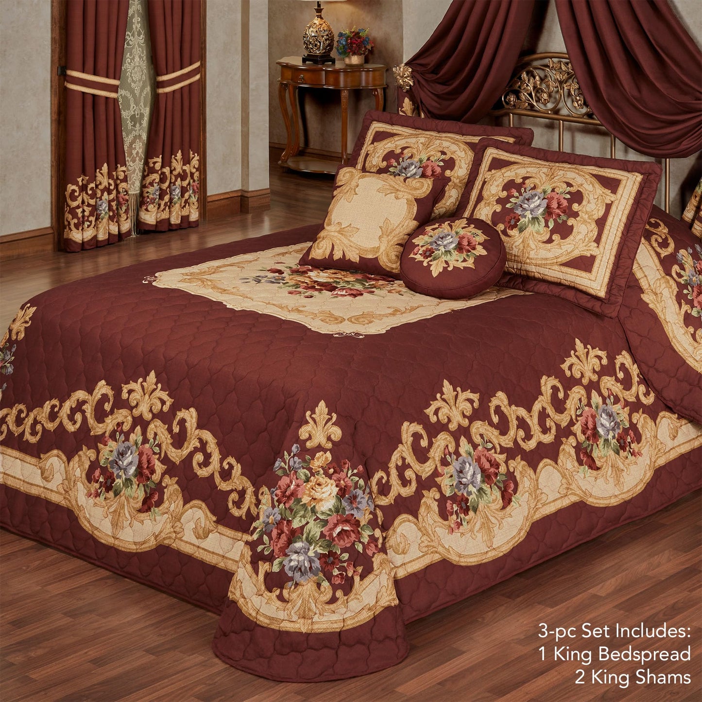Savonnerie King 3 Pc Bedspread Set | Oversized with 24" Drop | Classic Aubusson Scrollwork & Floral Bouquet Design | Cordovan Brushed Microfiber | Quilted, Machine Washable - Includes 2 King Shams