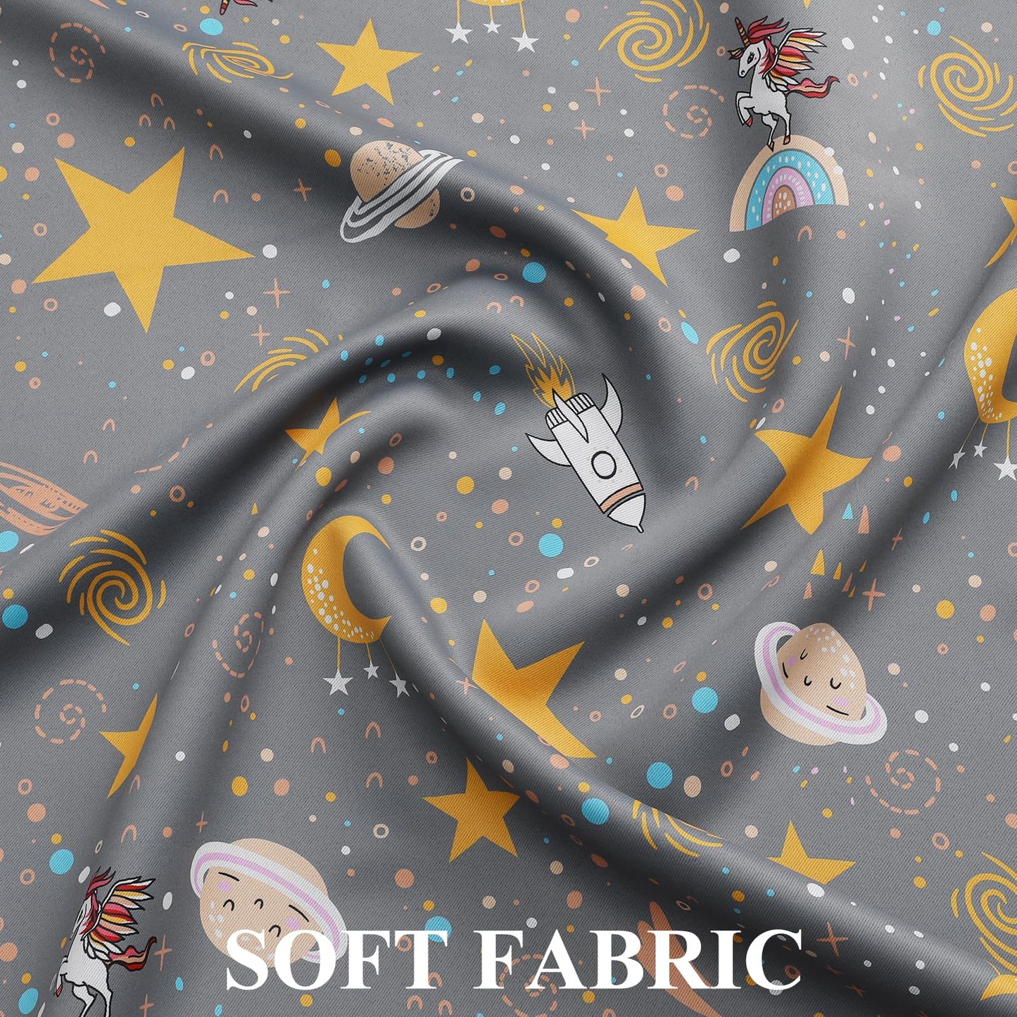 Estelar Textiler Planets Unicorn Printed Grey Blackout Curtains for Nursery Bedroom, Thermal Insulated Room Darkening Star Moon Pattern Grommet Window Drapes for Toddler Room,Gray, W38 x L63, 2 Panels