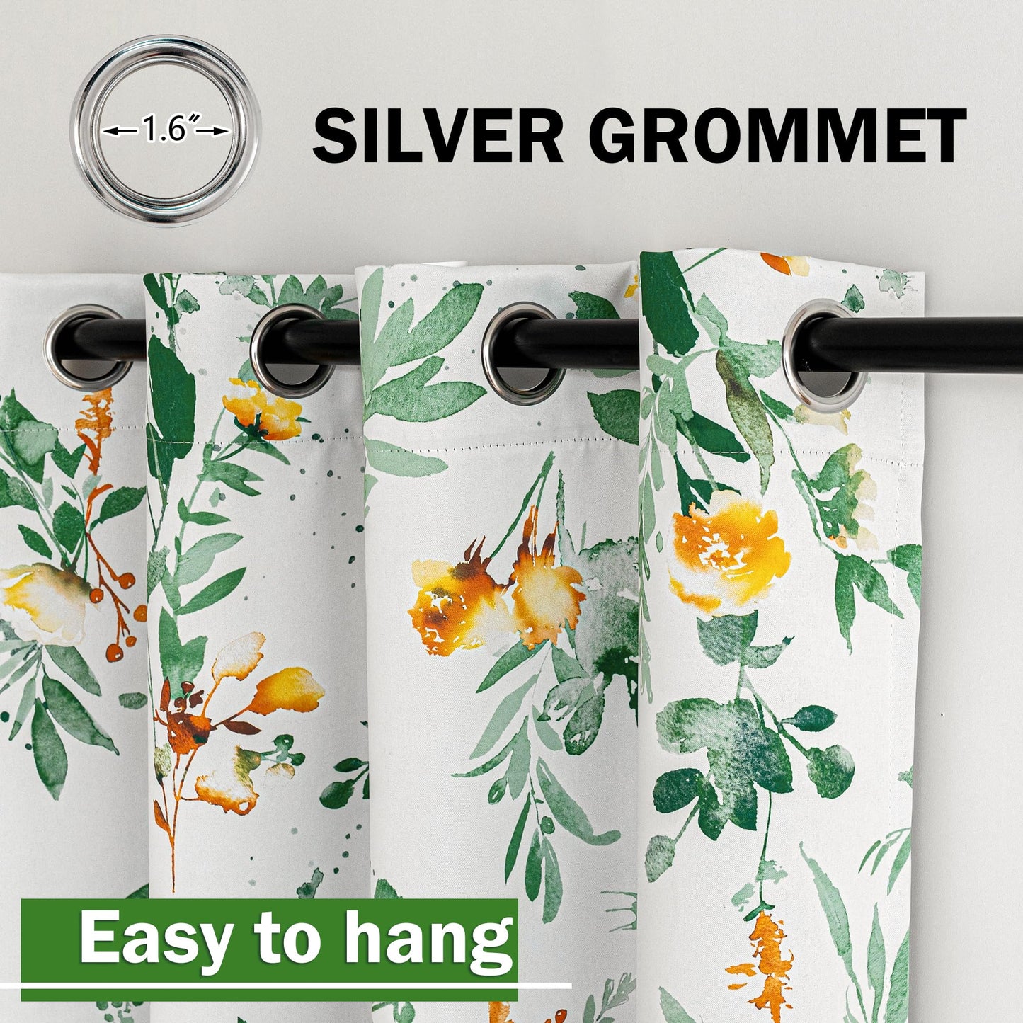 MYSKY HOME Sage Green Floral Blackout Curtains 84 inch Long 2 Panels for Living Room Bedroom Summer Flower Patterned Room Darkening Light Blocking Grommet Window Drapes, 52" W, Yellow and Green