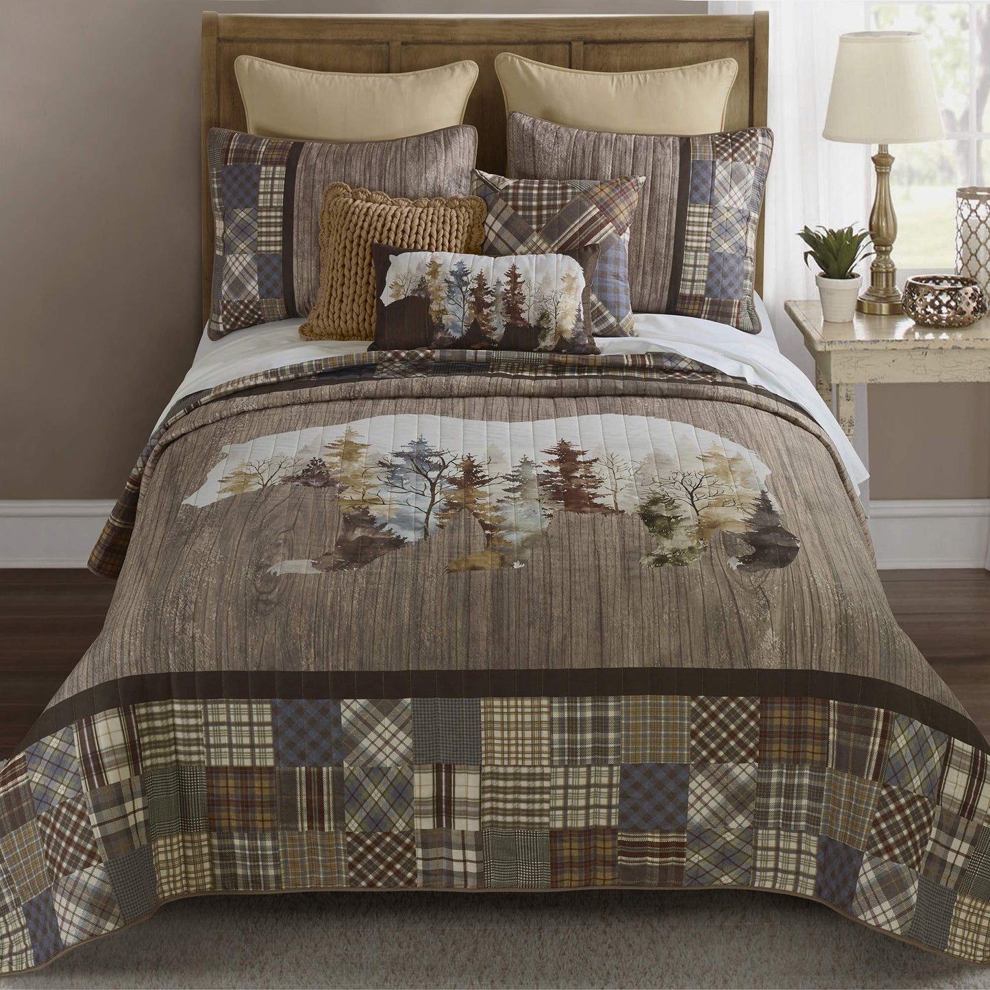 Donna Sharp Full/Queen Chimera Bear Bedding Set - 3 Piece - Ivory, Taupe, Slate Blue, Autumn Gold, Walnut, Olive and Mahogany Quilt 90" x 90" and 2 Standard Pillow Shams 20"x26"