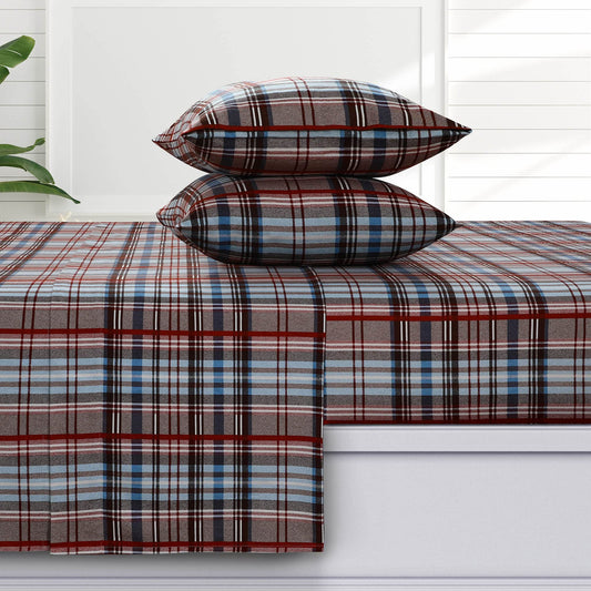 Tribeca Living Ultra Soft Turkish Cotton Flannel Queen Sheet Set with Extra Deep Pocket, 100% Cotton Flannel Sheets 4 Piece Set, Brentwood Plaid 170-GSM