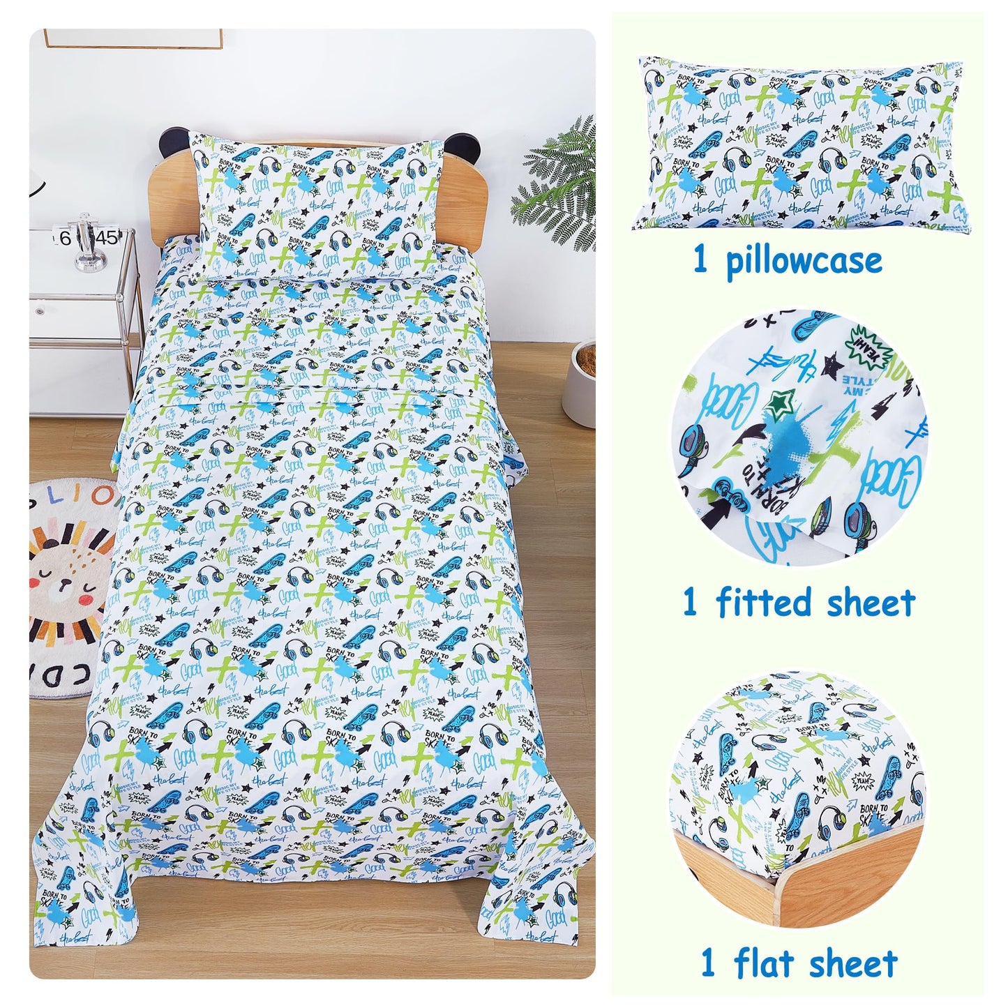 Softan Kids Bed Sheet Set, 3-Piece Twin Sheets Set, Microfiber Fitted Sheet with Corner Straps, Breathable & Silky Soft Trendy Skateboard Graffiti Printed Sheet and Pillowcase Sets
