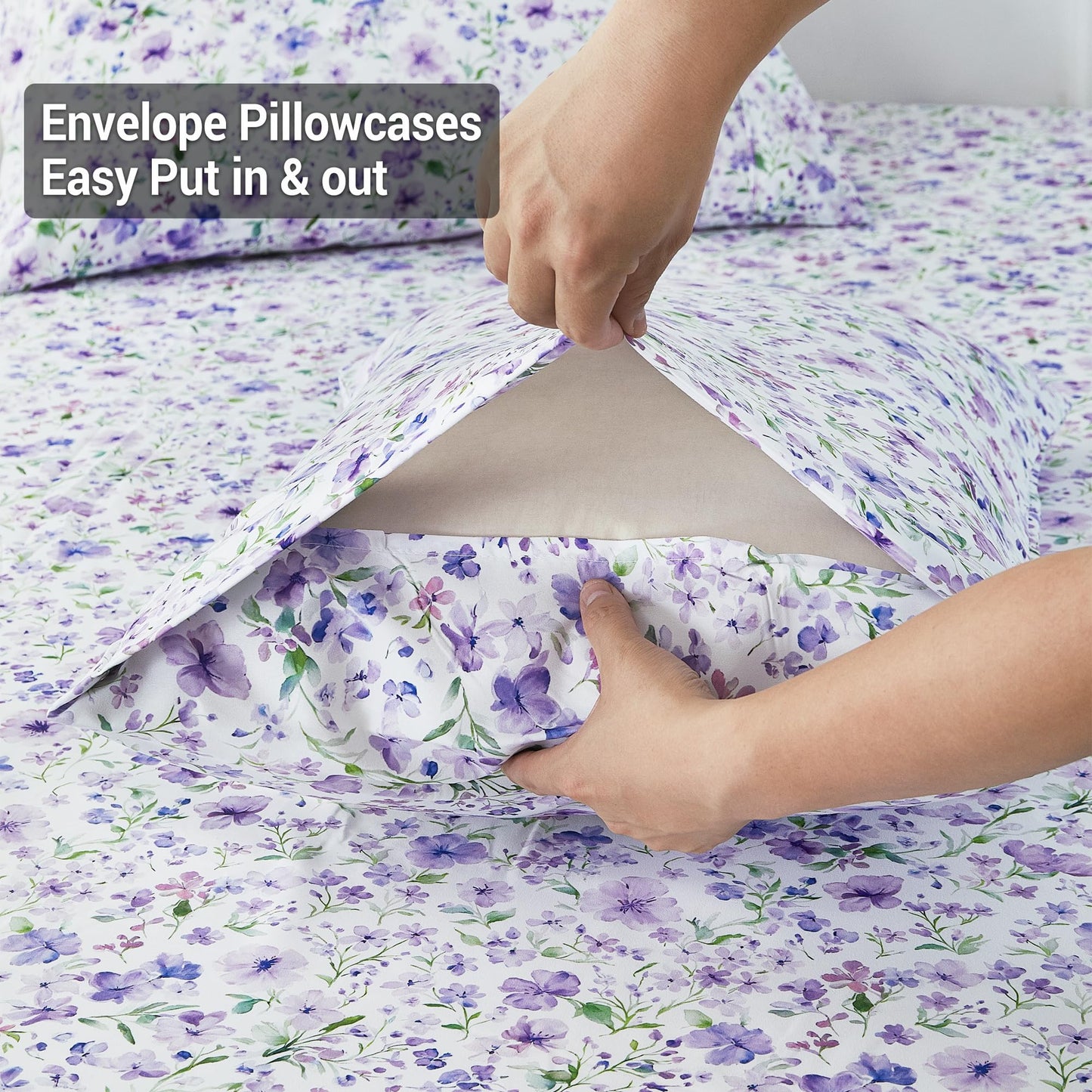 Viviland Floral Twin Sheet Set - 3 Piece Vintage Lavender Flower and Leaves Patterned Bed Sheets - Soft, Breathable Microfiber Sheets with Deep Pocket, Non-Slip Fitted Sheets & Pillowcases