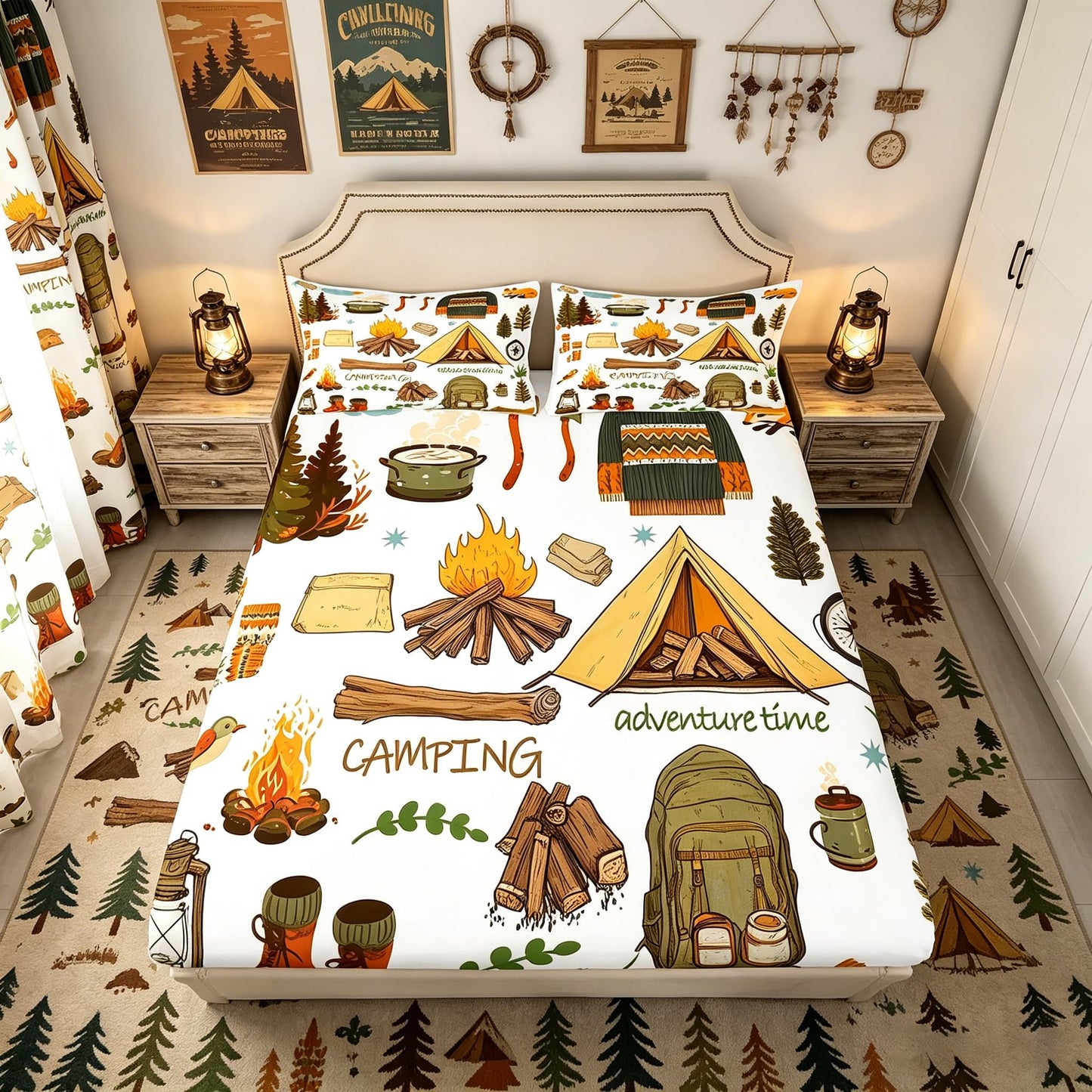 Happy Camping Kids Fitted Sheet Twin Size,Camper Equipment Tent Campfire Boots Bedding Set,Boys Girls Room Decor,Outdoor Adventure Time Bed Cover,Brown White Bed Sheet,1 Pillowcase(No Top Sheet)
