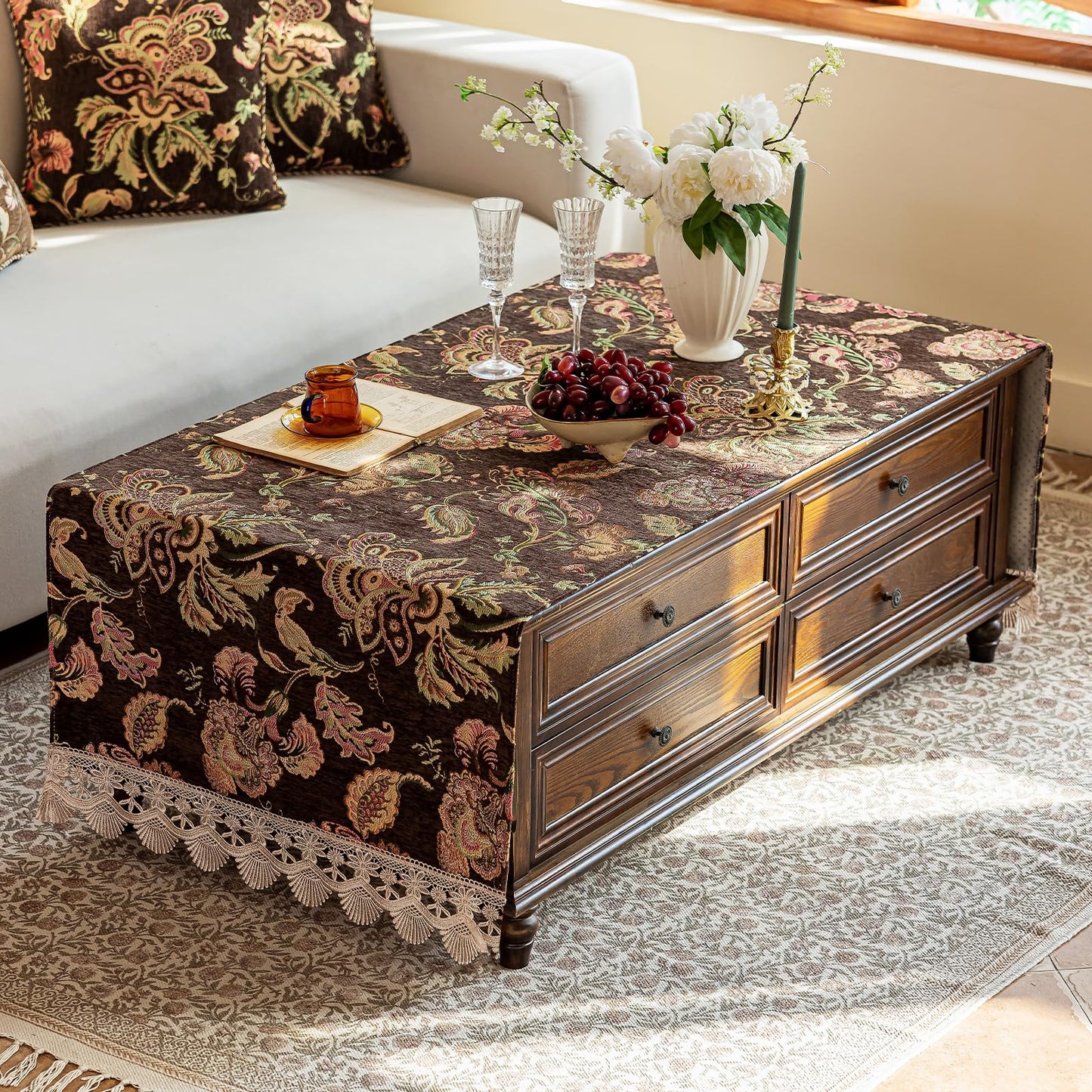 KEEMIR French Country Coffee Table Cover - Hand Embroidered Tropical Floral Chenille Non-Slip Rectangle Table Cloth for Living Room(Palmera Brown,63" L x 23.7" W)