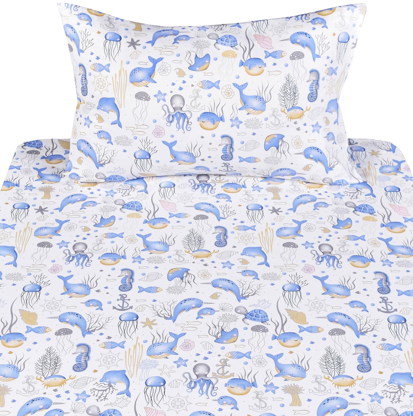 Scientific Sleep Sea Animals Dolphin Whale Octopus Jellyfish Cute Fun 100% Cotton Cozy Twin Bed Sheet Set, Flat Sheet & Fitted Sheet & Pillowcase Natural Bedding Set (Blue Whale, Twin)