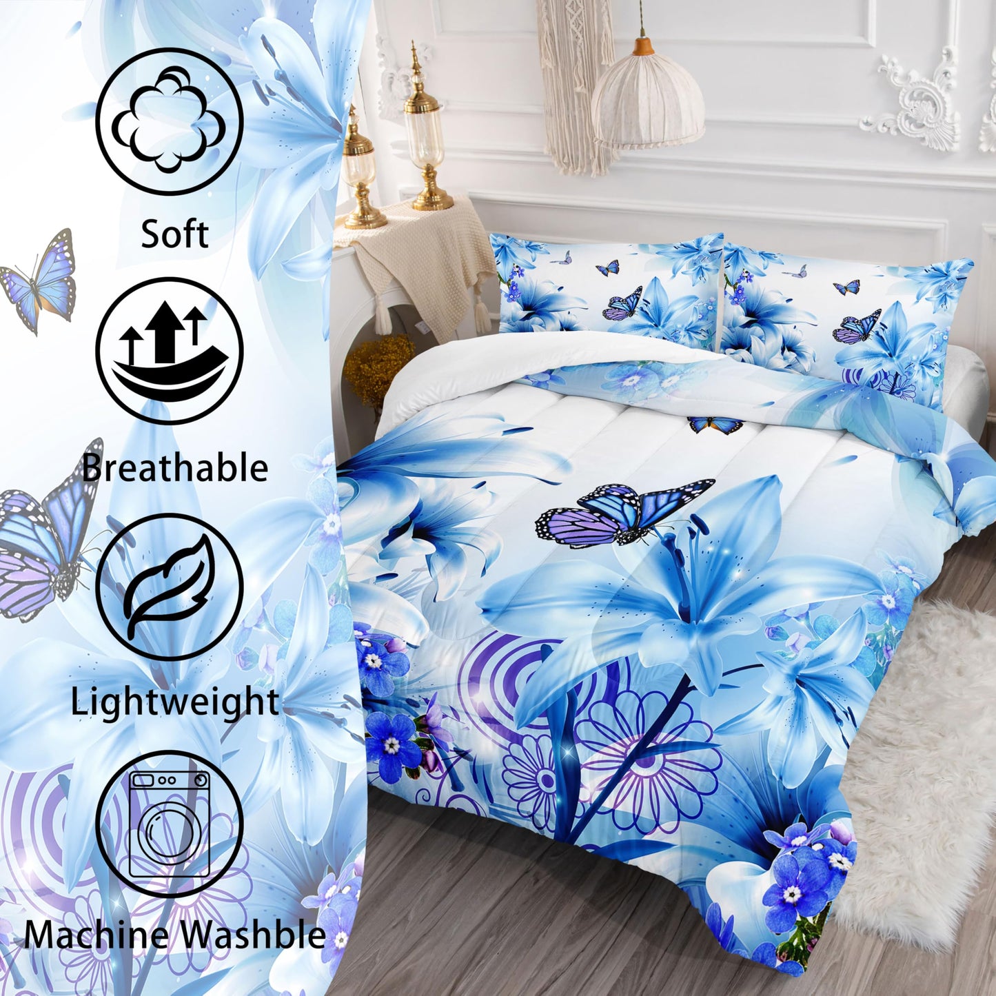 AILONEN Blue Floral Butterfly Bedding Set - Butterfly Comforter & 2 Pillowcases Queen Size - Beautiful Flower Teen Bedding Sets for Girls Women 3 Pieces Soft