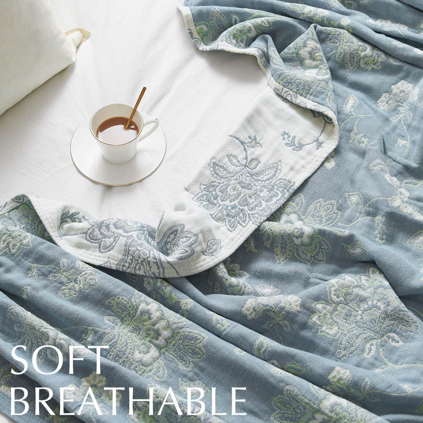 jinchan Boho 100% Cotton Muslin Twin Size 60x80 Inches Blanket Lightweight 4-Layer Quilted Soft Blue and White Floral Throw Blanket Green Accents Reversible Comfy Flower Summer Couch Bedroom Decor