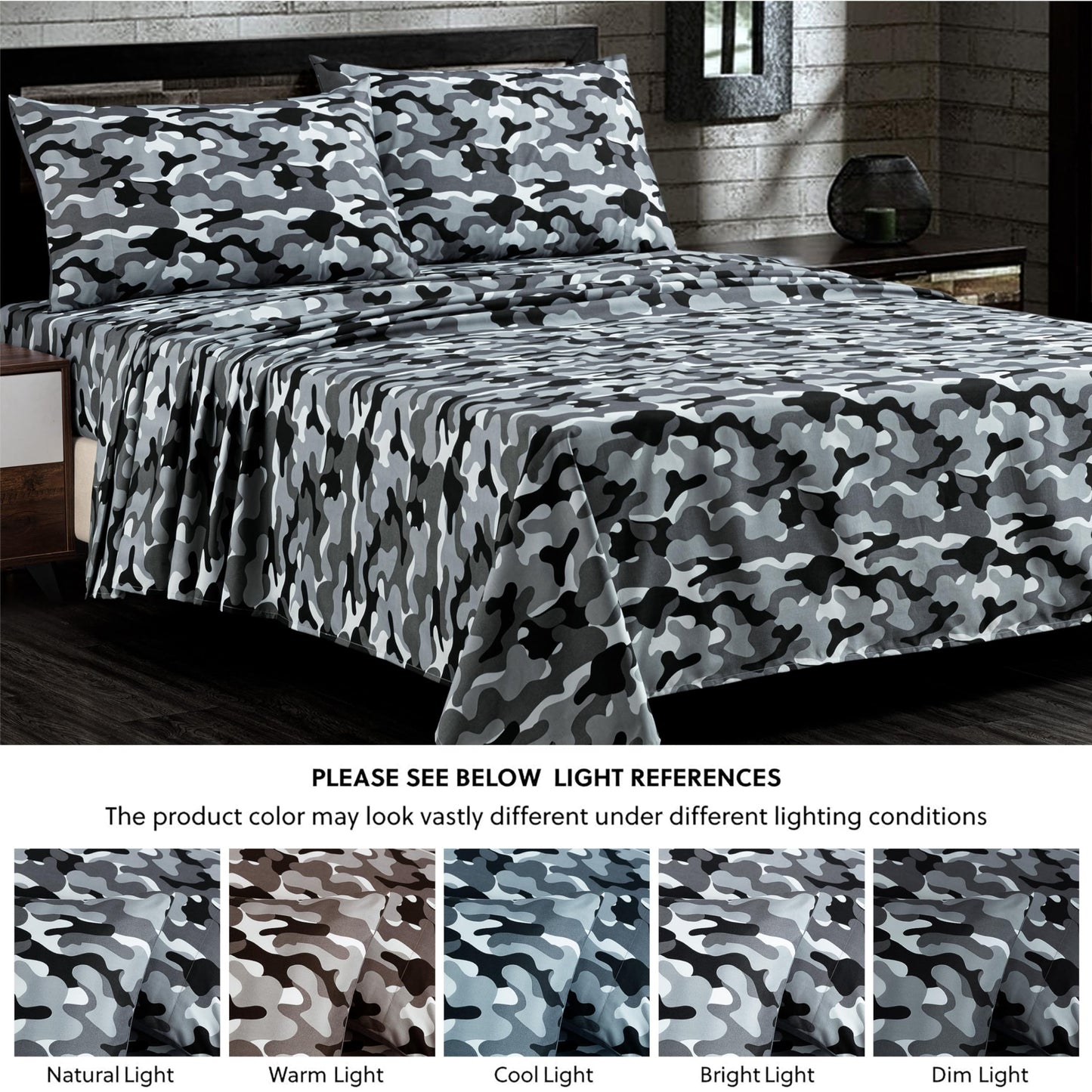 Chezmoi Collection Military Camo 4-Piece Sheet Set - Camouflage Black Gray Printed Microfiber Soft Breathable Deep Pocket Sheets and Pillowcases Set, Queen Size