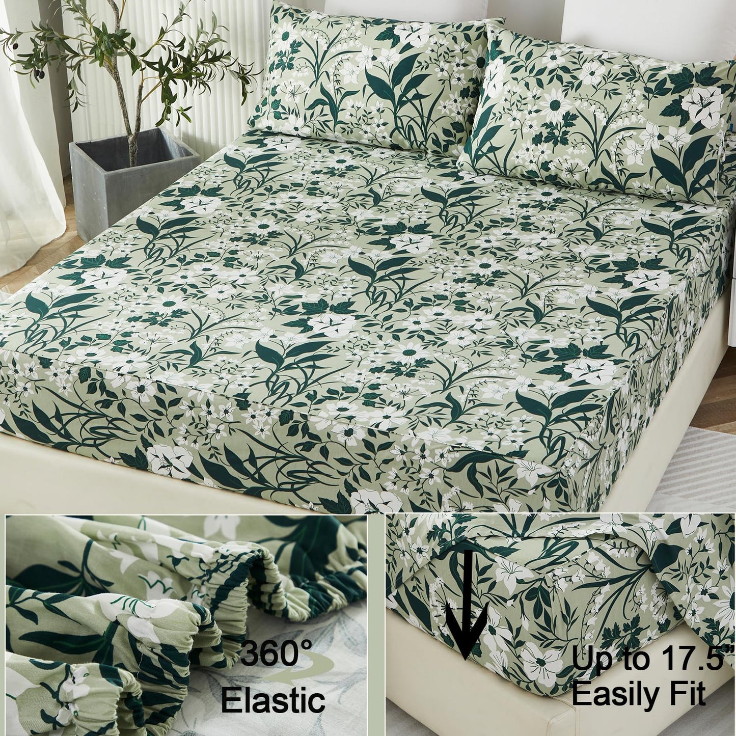 Helthep 100% Cotton Green Floral Printed Bed Sheets, Floral Sheet Set King with 17.5" Deep Pocket, 4Pcs Botanical Patterned Sheets for King Size Bed