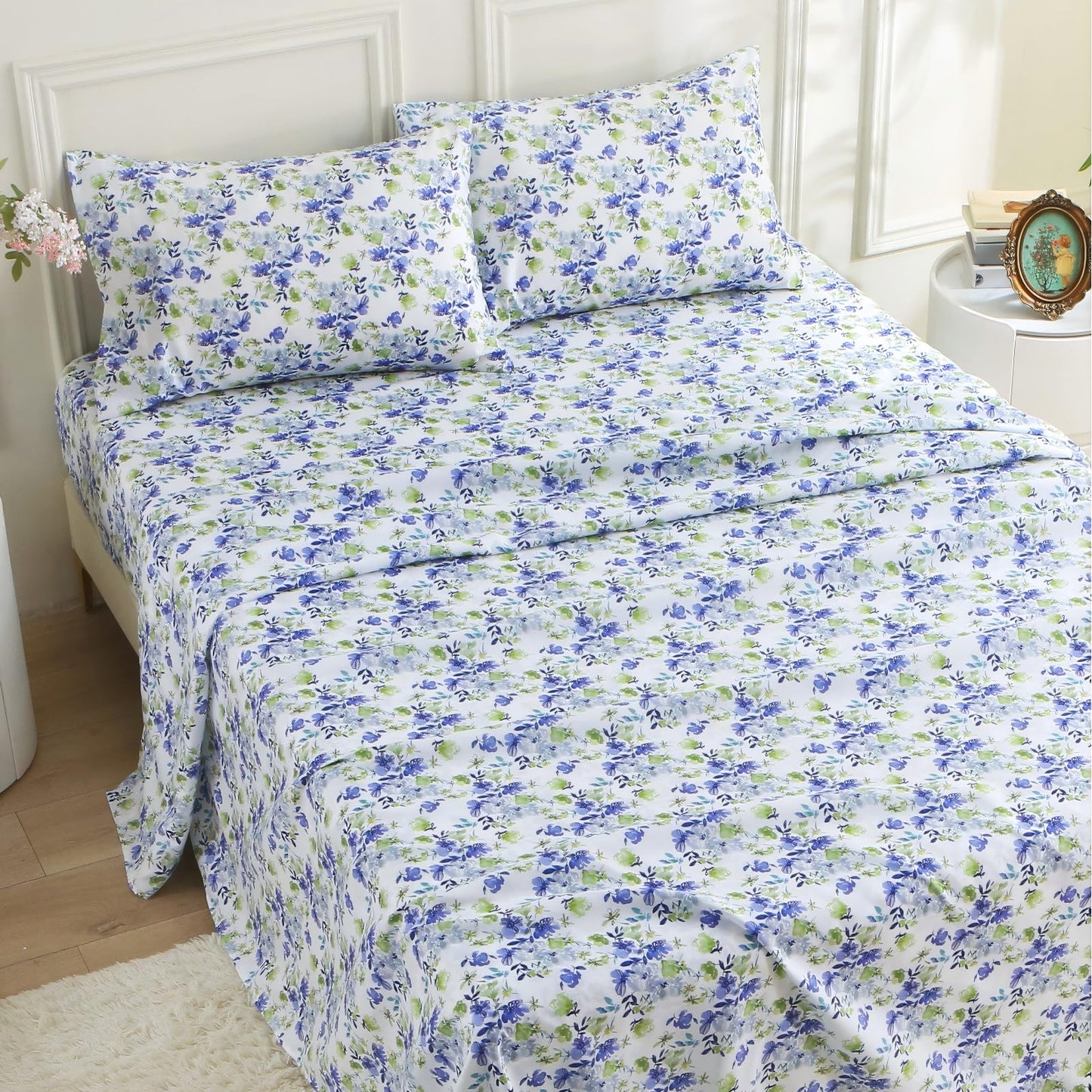 MUXHOMO Queen Size 4 Piece Sheet Set, Soft & Breathable Sheet for Bedroom with Deep Pocket Up to 16", Wrinkle-Free & Cooling Bed Sheet with Flat Sheet, Fitted Sheet & Pillowcases - Aqua Bloom
